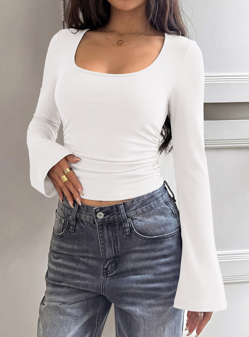 PRETTYGARDEN Womens Bell Long Sleeve Shirts Going Out Tops | Soft Stretchy Ribbed Knit, Square Neck, Slim Fit Y2K Clothes, Trendy Side Ruched, Layering Tee for Casual Fall & Winter Wear
