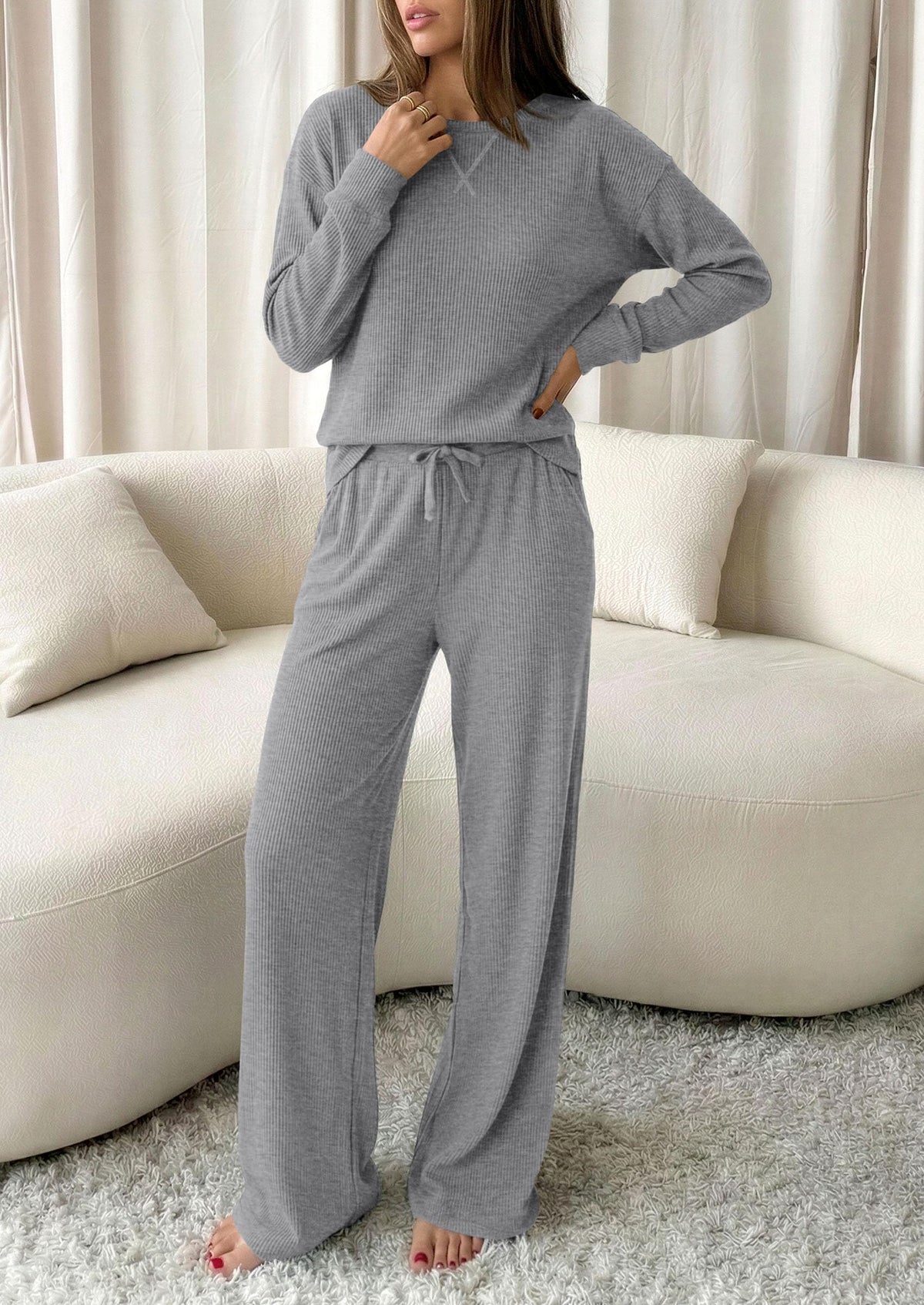 PRETTYGARDEN Sweatsuits Women 2 Piece Airport Travel Outfits | Ribbed Knit Lounge Sets, Casual Athleisure Wear, Matching Long Sleeve Shirts & Wide Leg Pants Pockets, Fall Winter Clothes