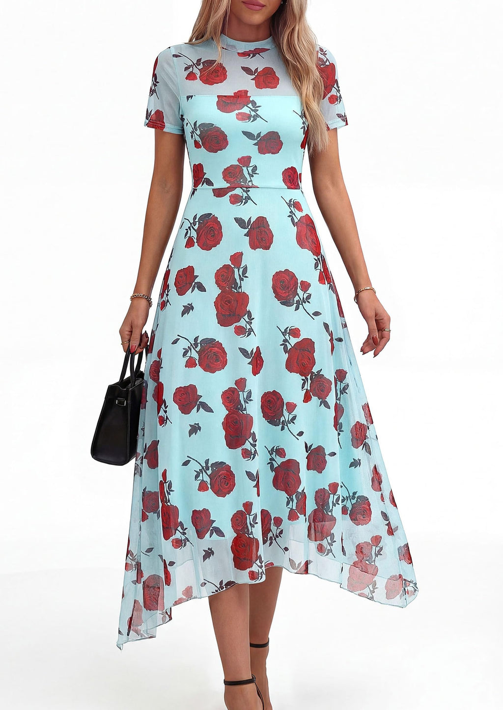 PRETTYGARDEN Cocktail Dresses for Women  Summer Short Sleeve Floral Mesh Sheer Midi Party Wedding Guest Dress