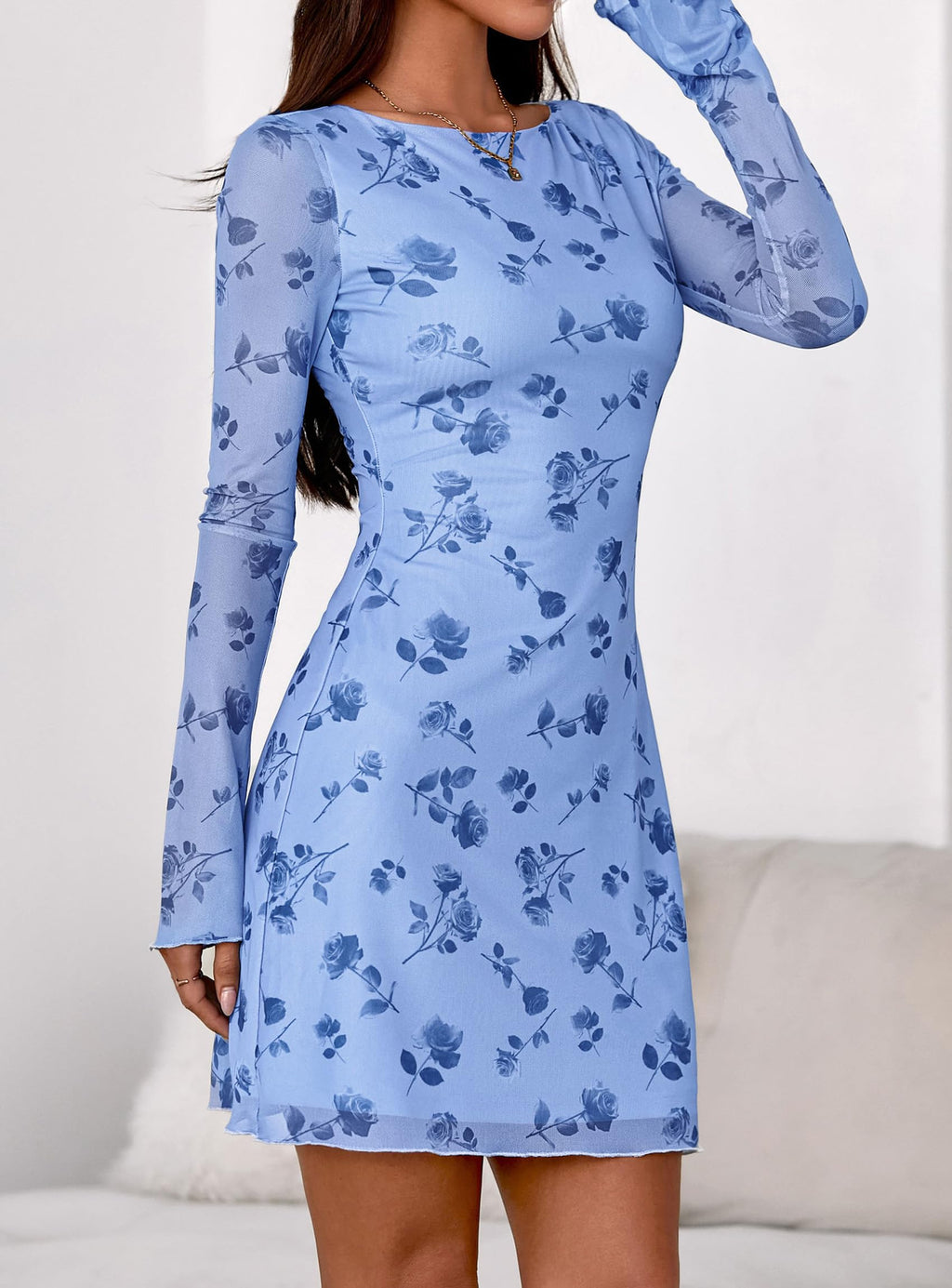 PRETTYGARDEN Women's Fall Fashion Floral Long Sleeve Mini Dress Mesh Bodycon Short Party Date Night Going Out Dresses