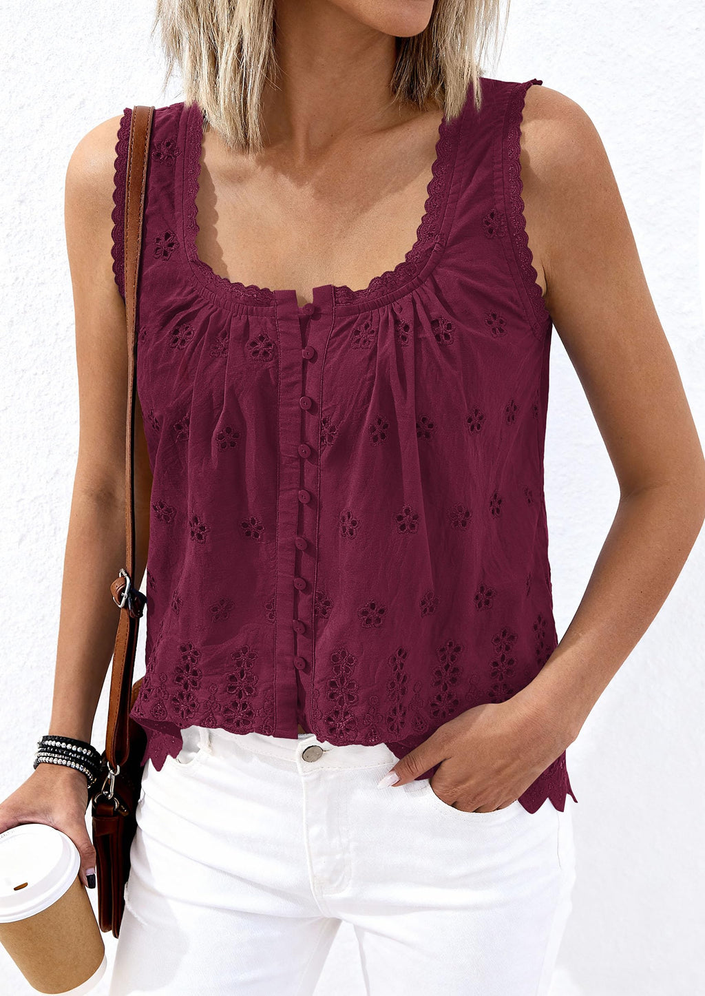 PRETTYGARDEN Womens Tank Tops 2026 Summer Button Down Shirts Embroidered Eyelet Dressy Casual Blouses Beach Vacation Clothes