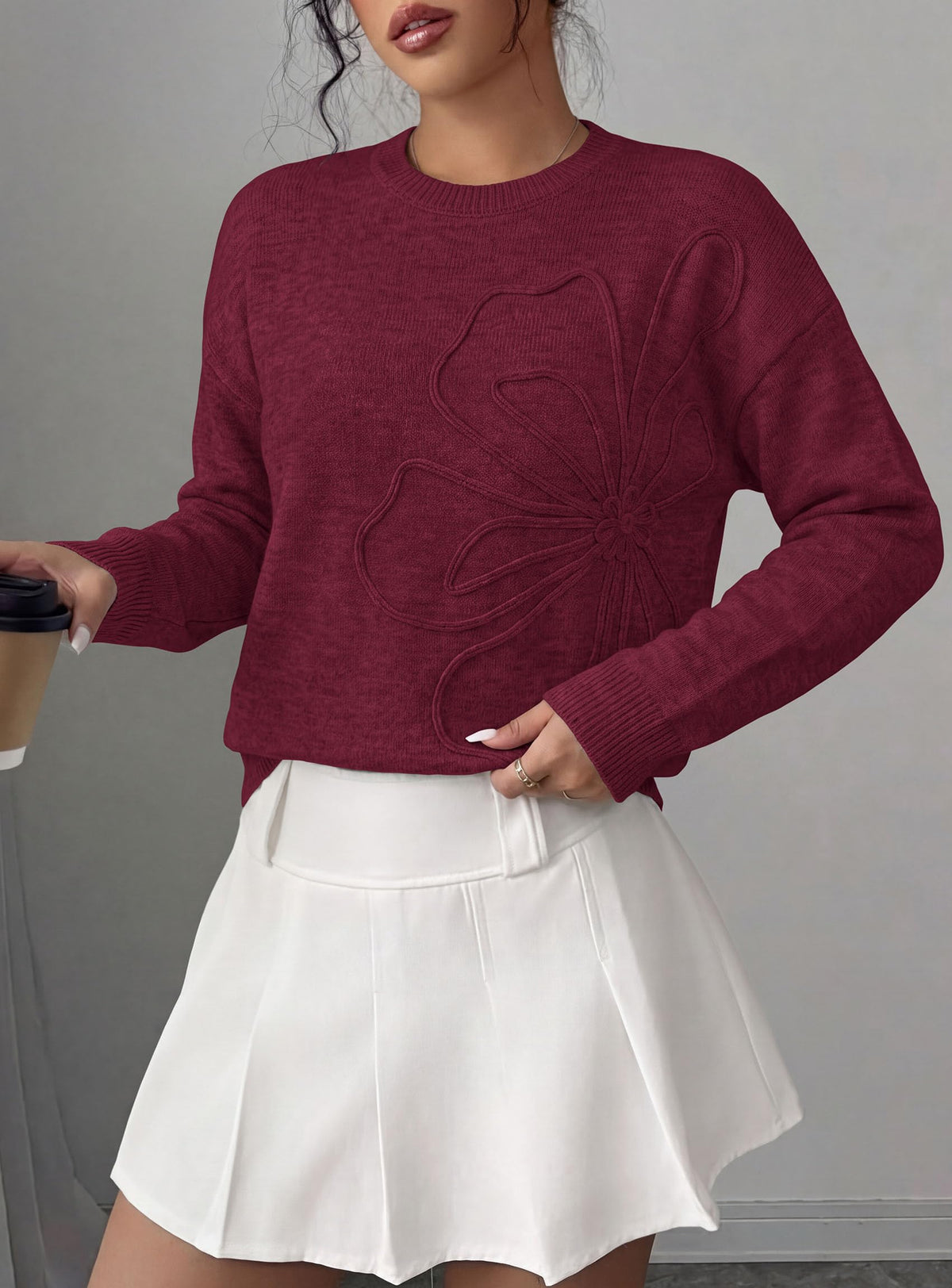 PRETTYGARDEN Women Fall Sweaters Trendy Floral Knit Pullover | Flower Embroidered Tops, Crew Neck, Soft Long Sleeve Shirts, Cozy Winter Layering Clothes for Casual Outing, Holiday Party