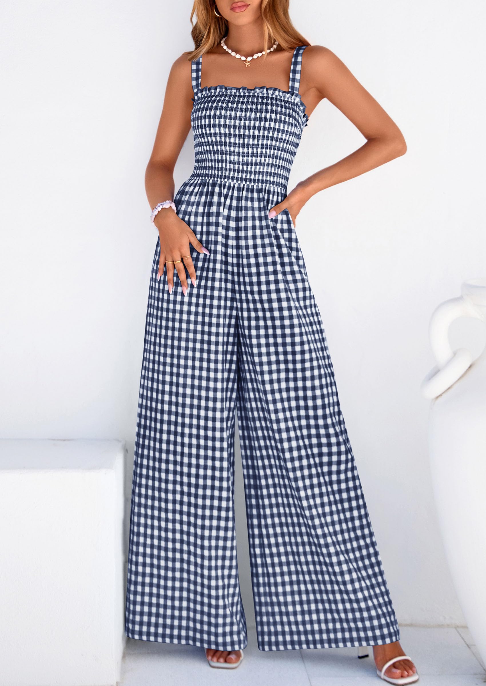 PRETTYGARDEN One Piece Jumpsuits for Women Casual Summer Cruise Outfits  Spring Fashion Smocked Wide Leg Gingham Rompers