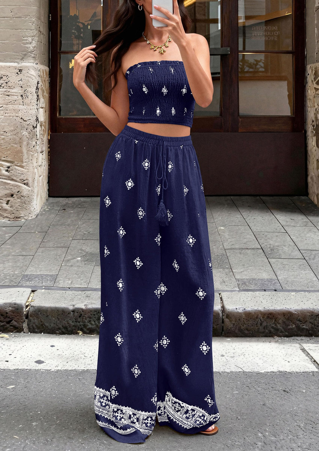 PRETTYGARDEN 2 Piece Sets for Women Summer  Travel Outfits Print Tube Tops Wide Leg Pants Beach Vacation Clothes