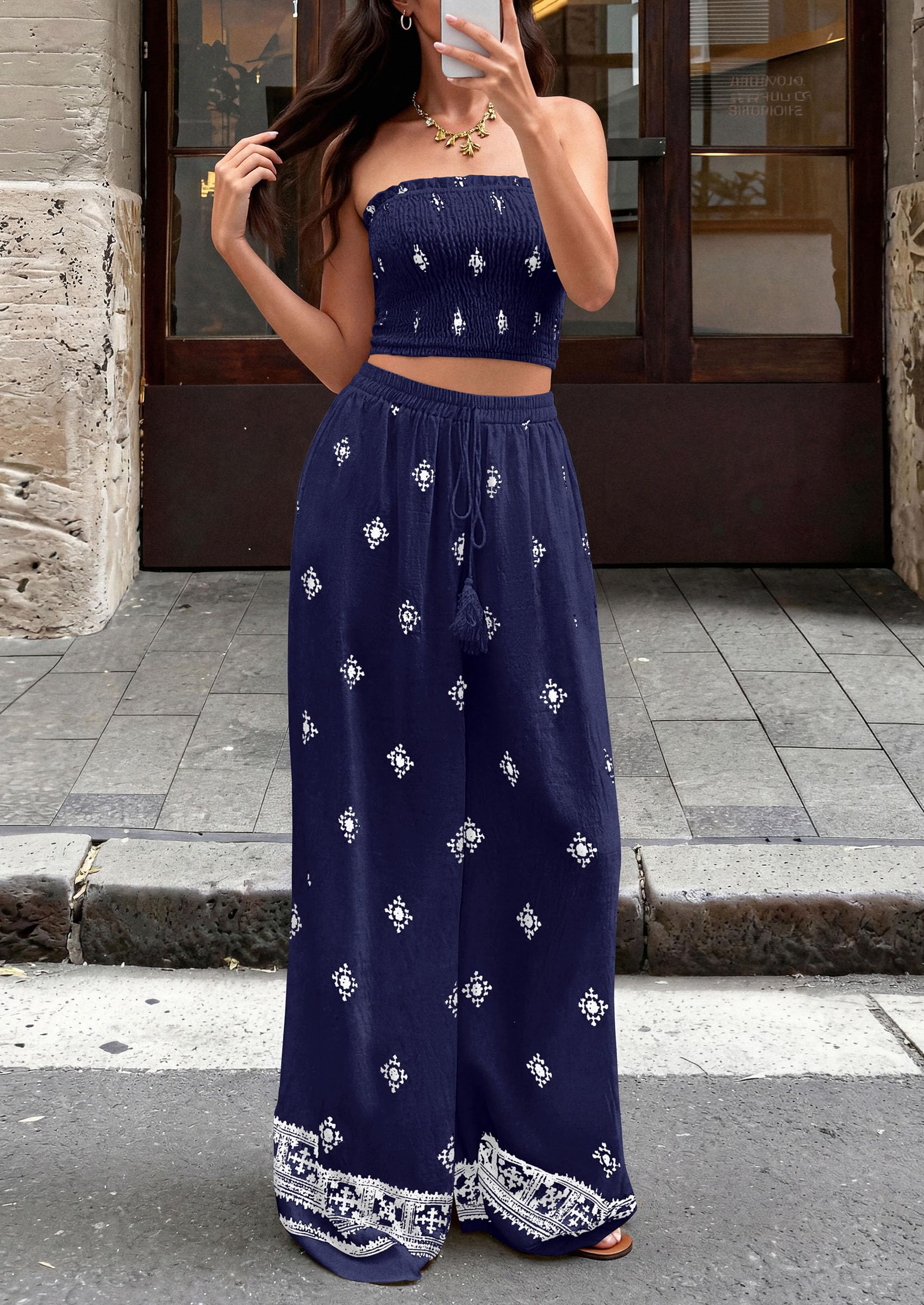 PRETTYGARDEN 2 Piece Sets for Women Summer  Travel Outfits Print Tube Tops Wide Leg Pants Beach Vacation Clothes
