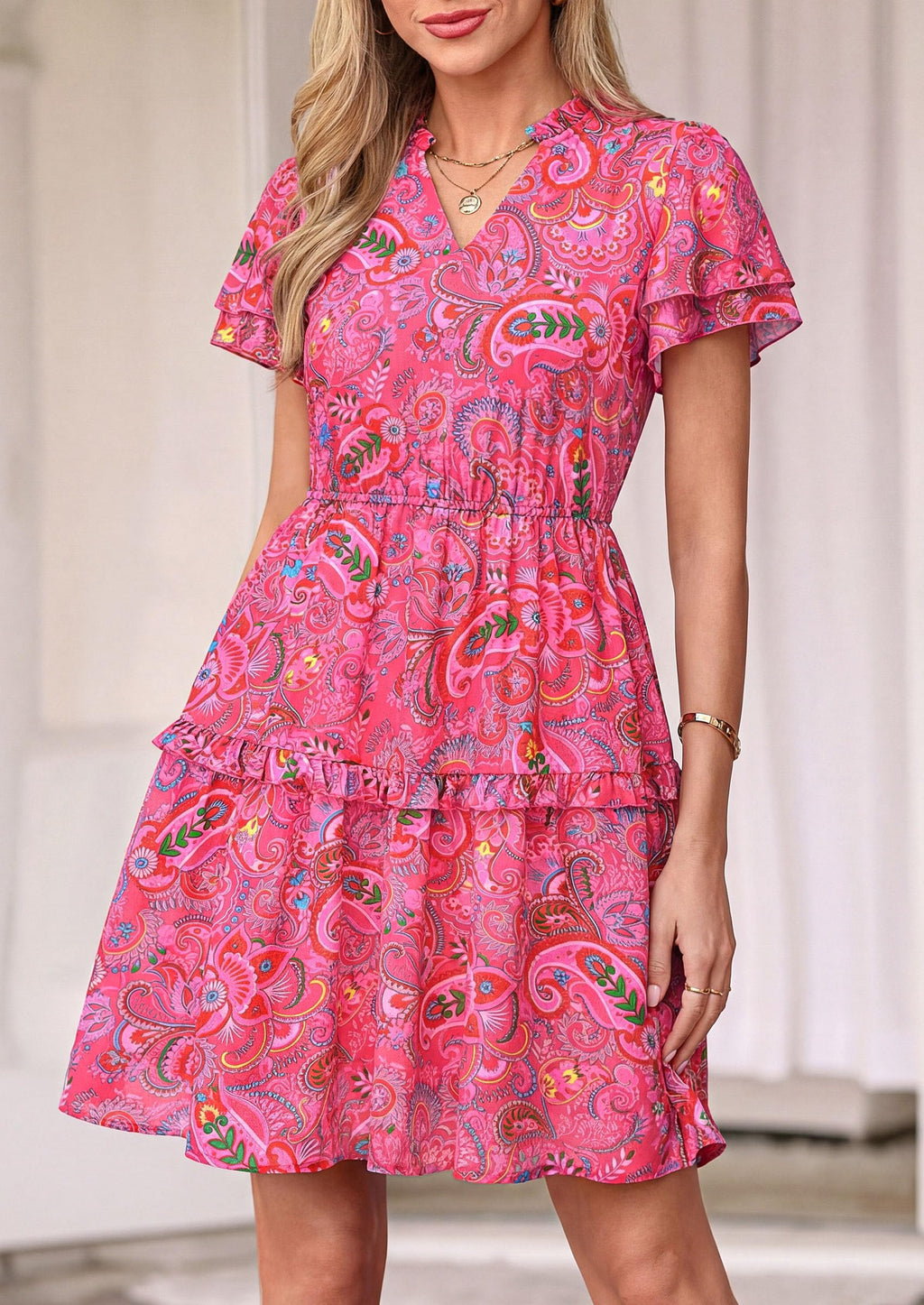 PRETTYGARDEN Womens Summer Floral Mini Dress  Trendy Ruffle Short Sleeve V Neck Flowy A Line Short Beach Dresses