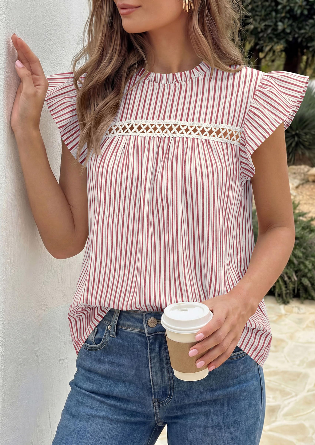 PRETTYGARDEN Striped Shirt Womens Summer Tops  Spring Business Casual Work Dressy Crochet Lace Ruffle Cap Sleeve Blouse