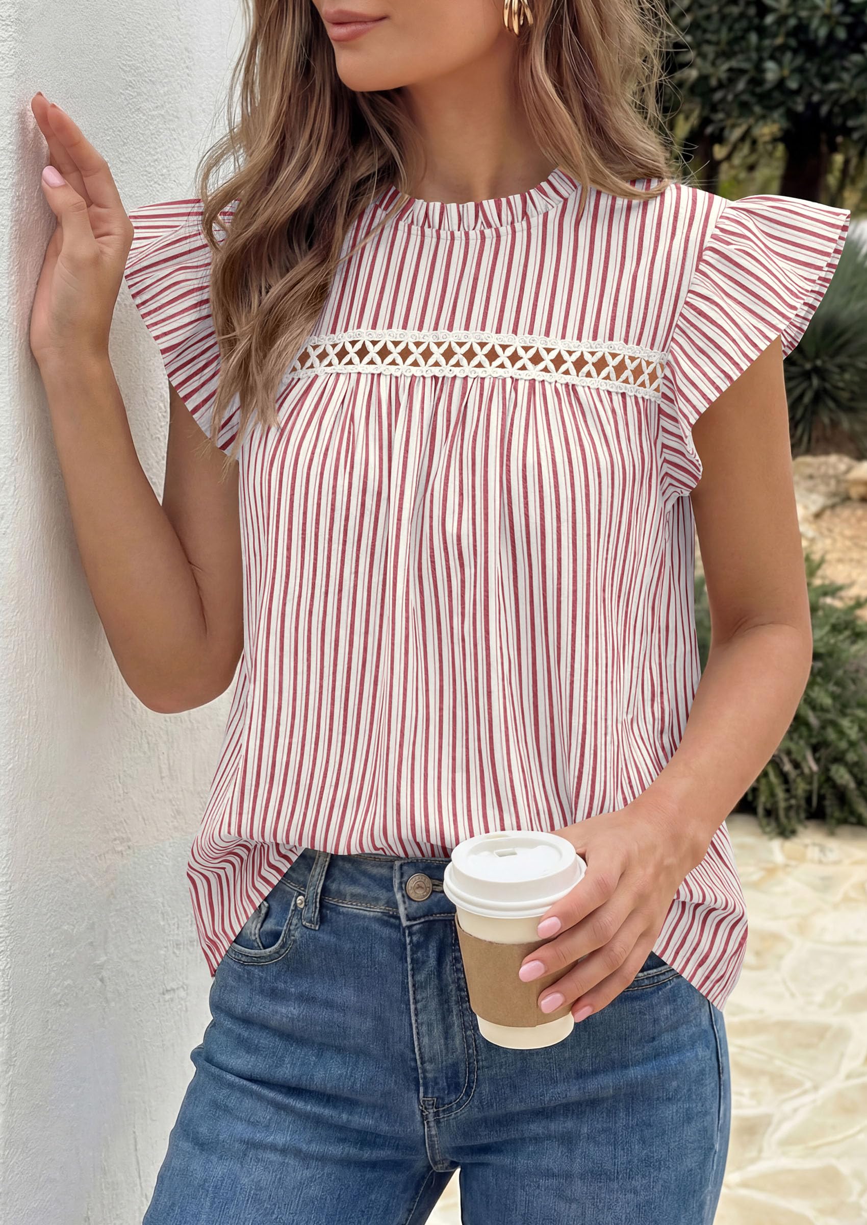PRETTYGARDEN Striped Shirt Womens Summer Tops  Spring Business Casual Work Dressy Crochet Lace Ruffle Cap Sleeve Blouse