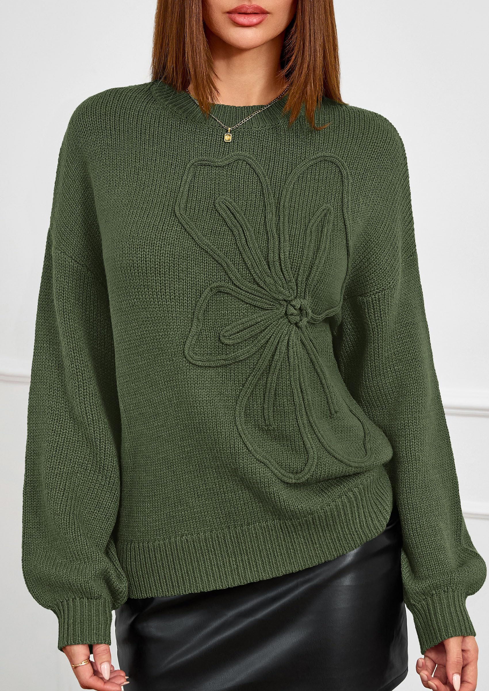 PRETTYGARDEN Womens Sweaters  Fall Fashion Long Sleeve Crewneck Floral Knit Pullover Sweater Tops Winter Clothes