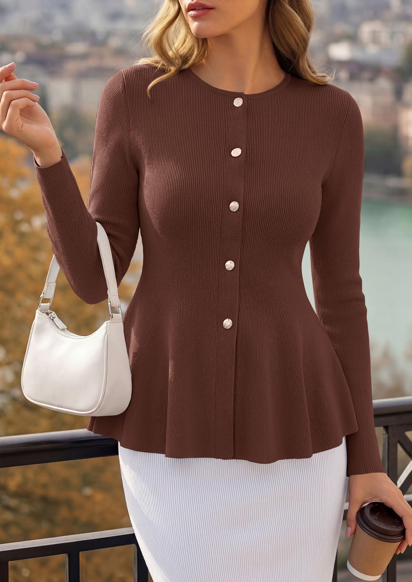 PRETTYGARDEN Women's Fall Lightweight Cardigan Sweaters | Long Sleeve Peplum Tops, Button Up, Slim Fitted, Flared Hem, Soft Ribbed Knit, Business Casual Outfits, Winter Trendy Clothes