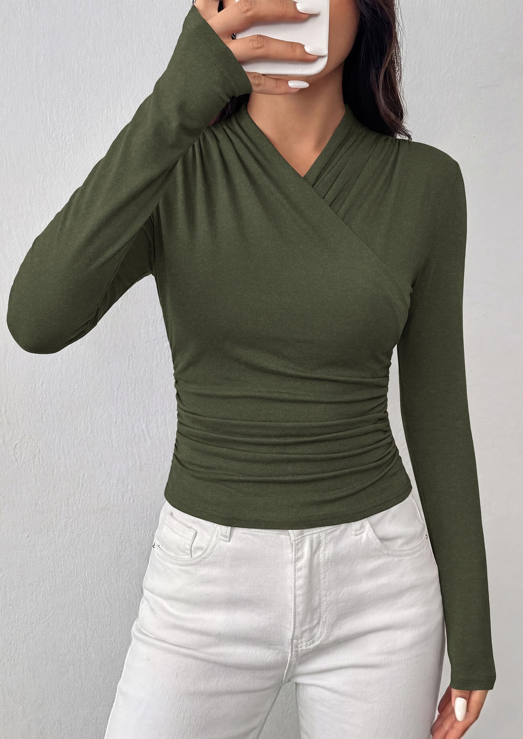 PRETTYGARDEN Womens Long Sleeve Shirts Going Out Wrap Top | Soft Heathered Stretchy Viscose Fitted Blouse, V Neck Ruched Waist Dressy Tops, Office Business Casual Fall Winter Daily Wear