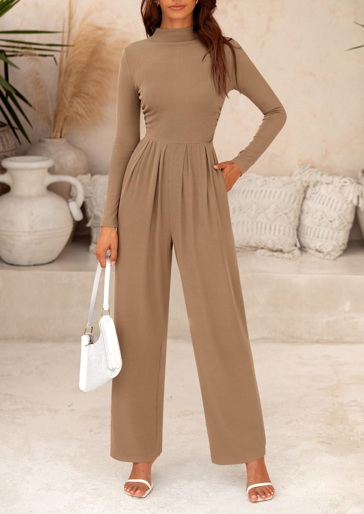 PRETTYGARDEN Womens Jumpsuit Dressy Casual Spring Fall Fashion One Piece Outfits Long Sleeve Mock Neck Wide Leg Pants Rompers