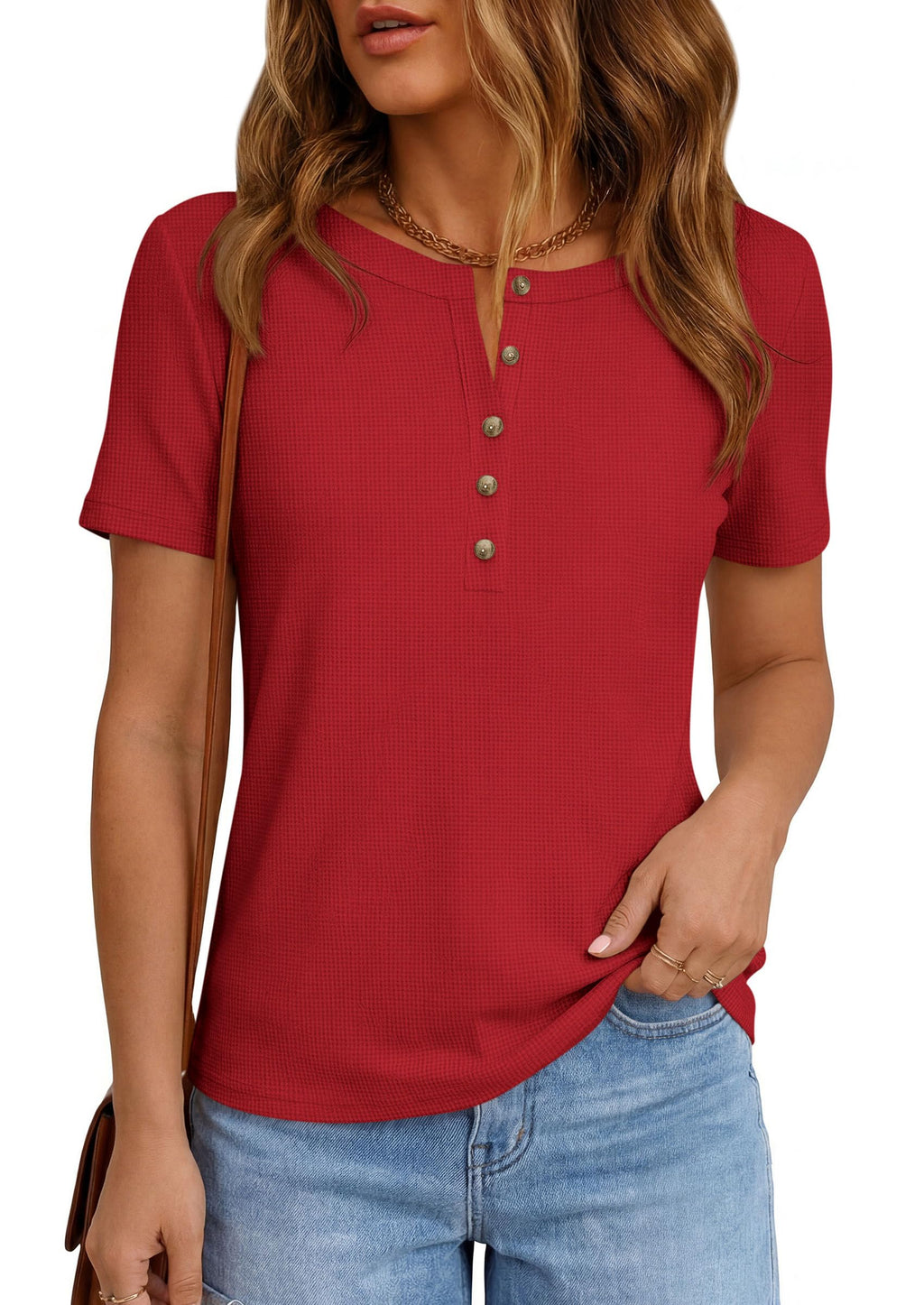 PRETTYGARDEN Waffle Knit Tops for Women Short Sleeve Henley Shirts  Summer Blouses Dressy Casual Spring Fashion Clothes