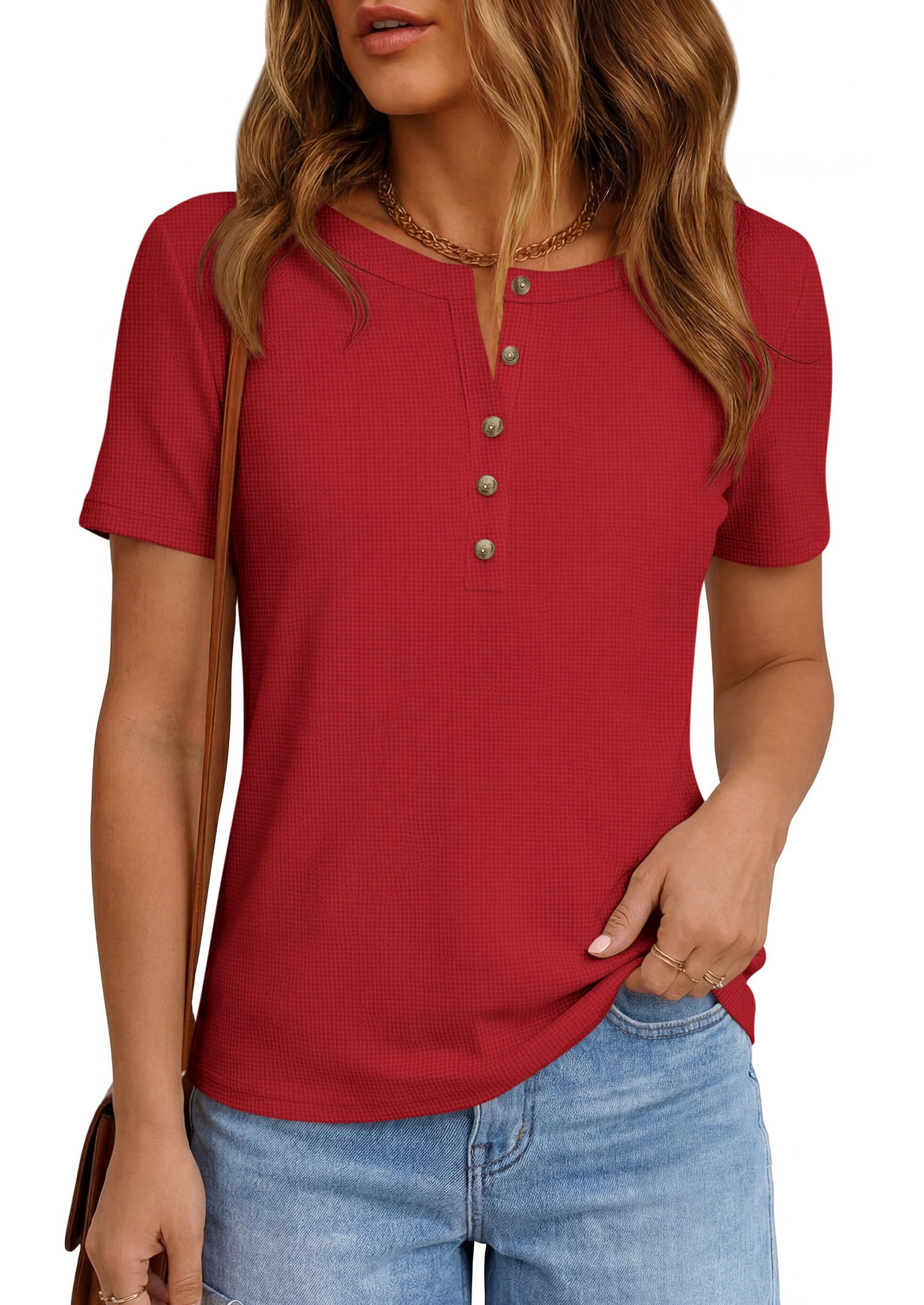 PRETTYGARDEN Waffle Knit Tops for Women Short Sleeve Henley Shirts  Summer Blouses Dressy Casual Spring Fashion Clothes