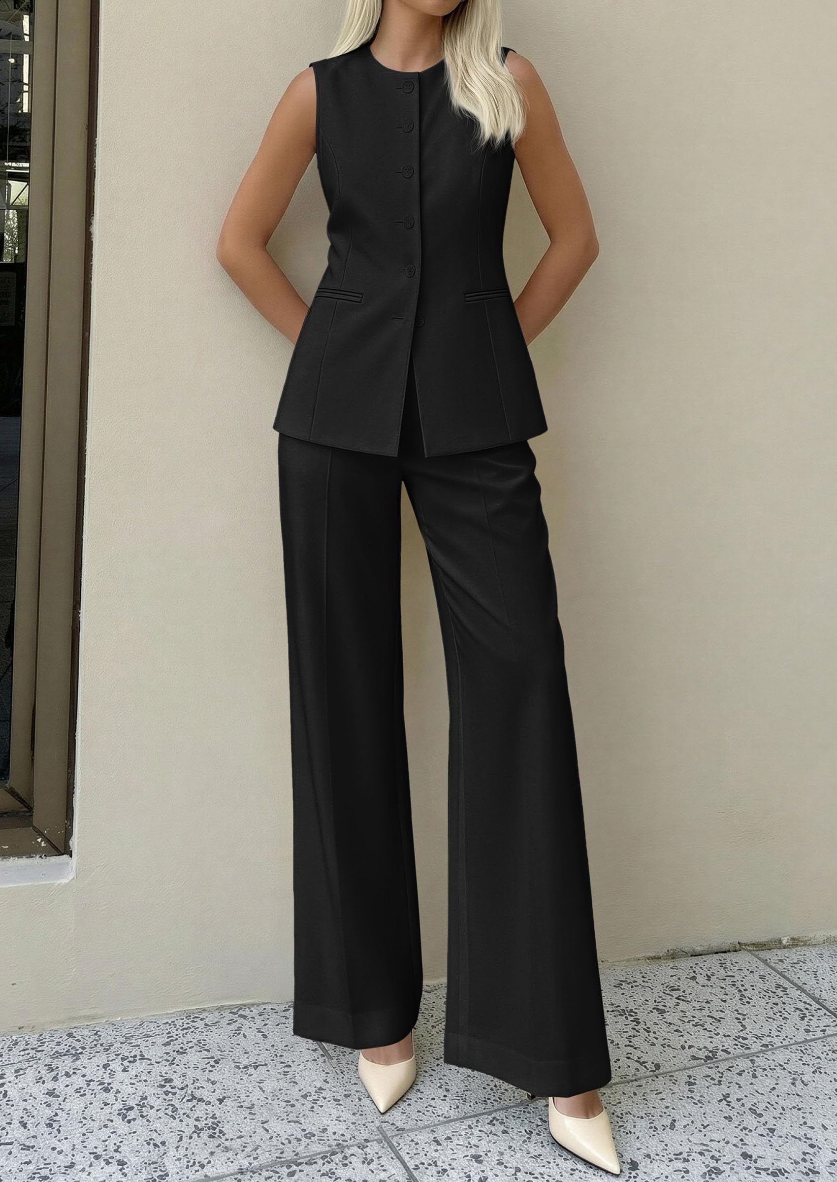 PRETTYGARDEN Women's 2 Piece Sets Summer  Work Clothes Sleeveless Blazer Vest Pants Suits Spring Business Casual Outfits