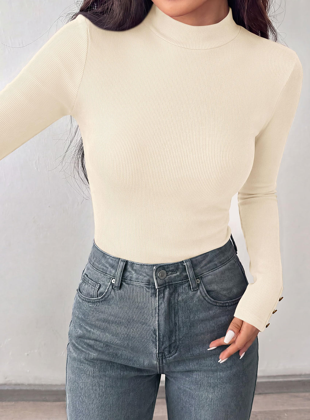 PRETTYGARDEN Women's Ribbed Mock Neck Long Sleeve Tops | Slim Fitted T-Shirts, Soft Stretch, Decorative Buttons, Going Out Work Casual Wear, Fall Outfits Layering Winter Clothes