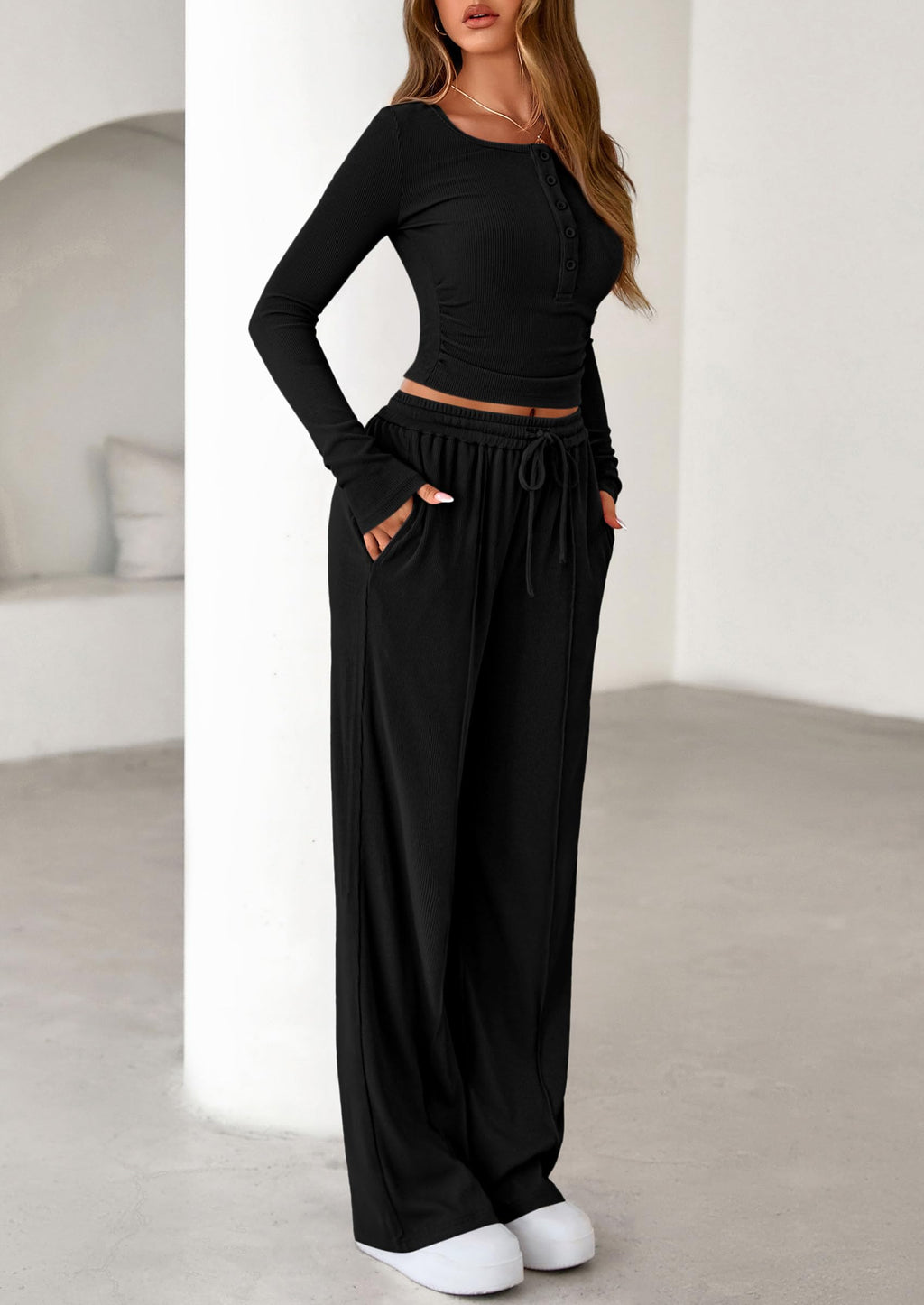 PRETTYGARDEN Women's  Fall Trendy 2 Piece Outfits Lounge Sets Long Sleeve Top Henley Shirts Wide Leg Pants Travel Clothes