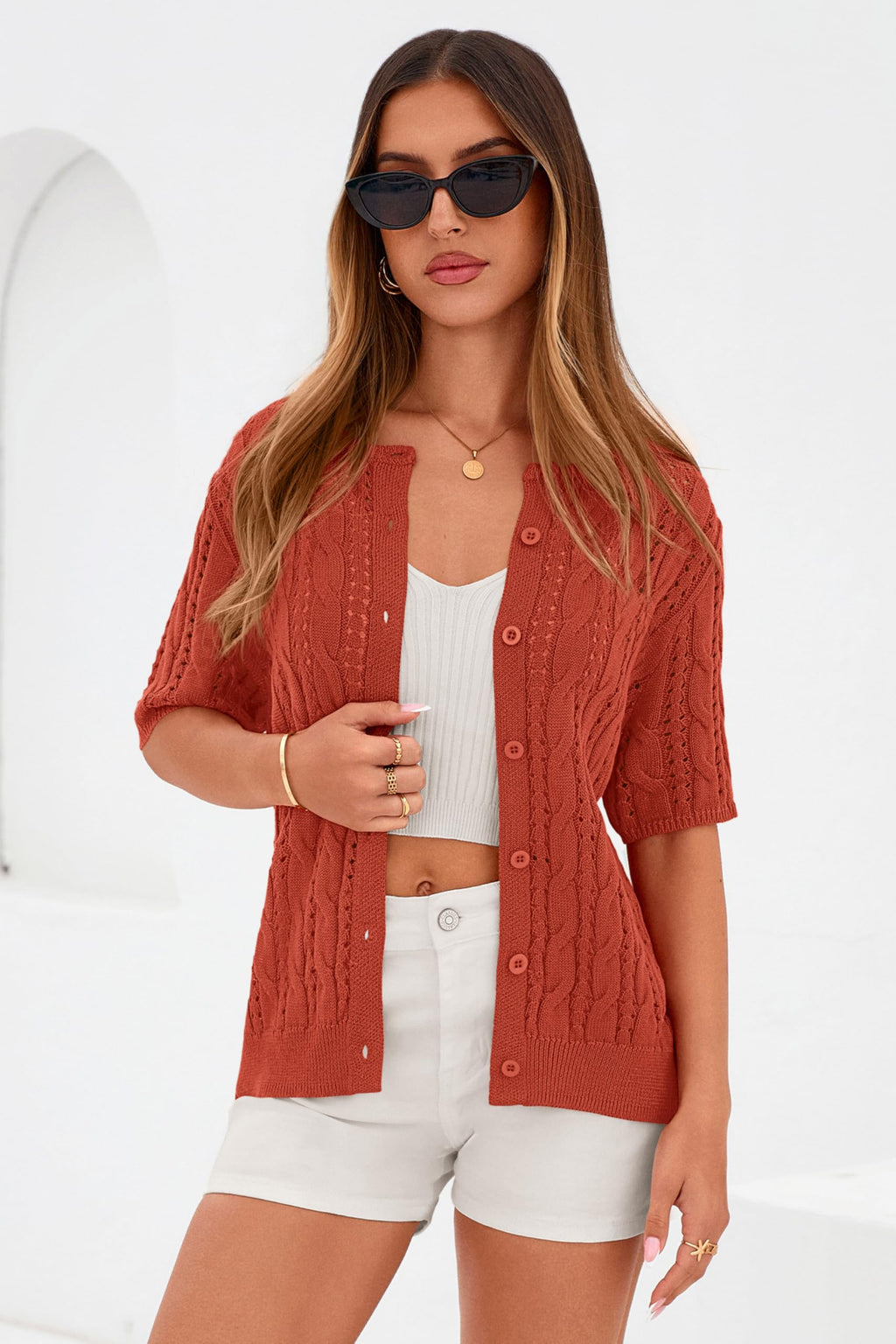 FreshPretty  Women Summer Cable Knit Crochet Cardigan Sweaters Casual Button Short Sleeve Sweater Cute Beach Hollow Out Knit Top