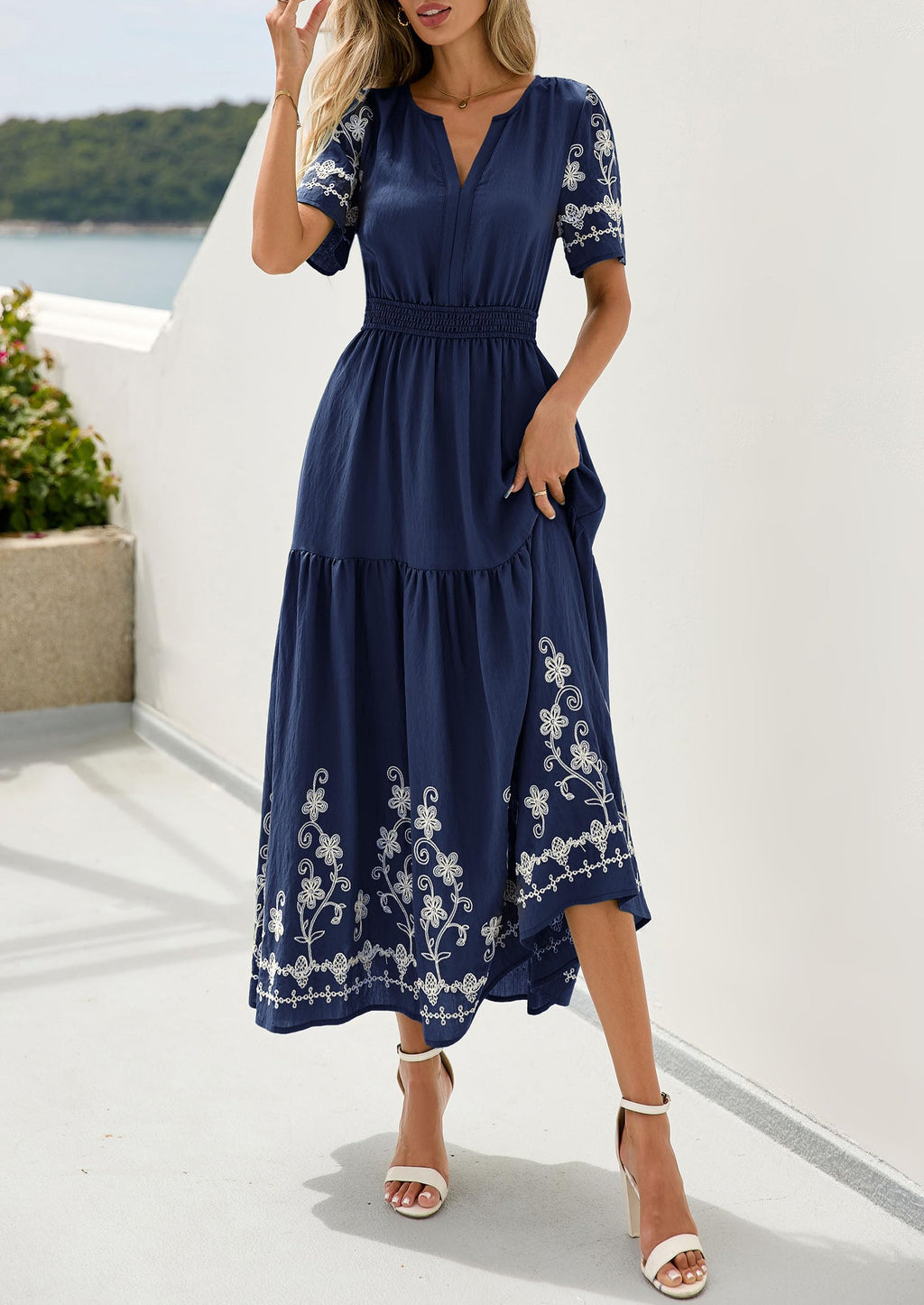 PRETTYGARDEN Women's Summer Boho Maxi Dress Spring Floral Short Sleeve V Neck A Line Flowy Beach Wedding Guest Dresses