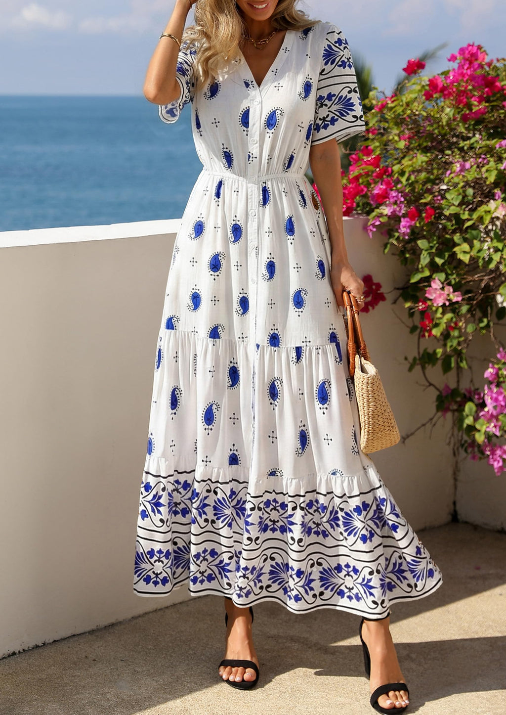 PRETTYGARDEN Womens Summer Boho Maxi Dress Trendy Short Sleeve V Neck Flowy Beach Floral Dresses with Pockets