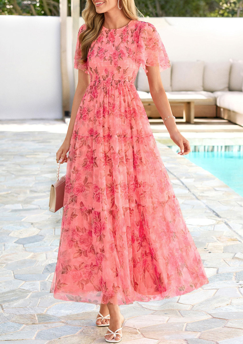 PRETTYGARDEN Tulle Floral Dress Women Summer Wedding Guest  Spring Short Sleeve Maxi Smocked Flowy Beach Party Dresses
