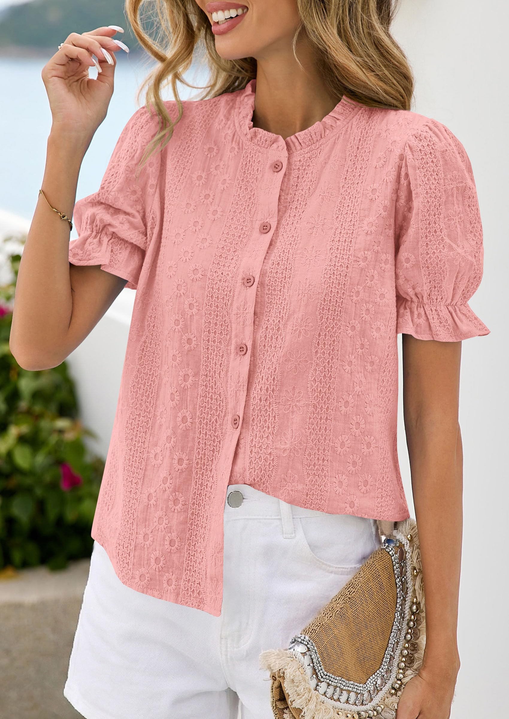 PRETTYGARDEN Womens Puff Short Sleeve Tops  Summer Spring Button Down Boho Embroidered Cute Blouse Dressy Casual Shirts