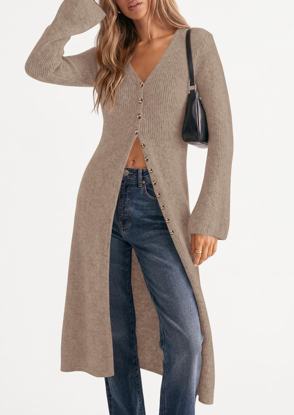 PRETTYGARDEN Women Long Cardigan Bell Sleeve Sweater Dress Early Fall Fashion, V Neck Button Down Coats, Fit and Flare, Duster Sweater, Acrylic Cotton Blend