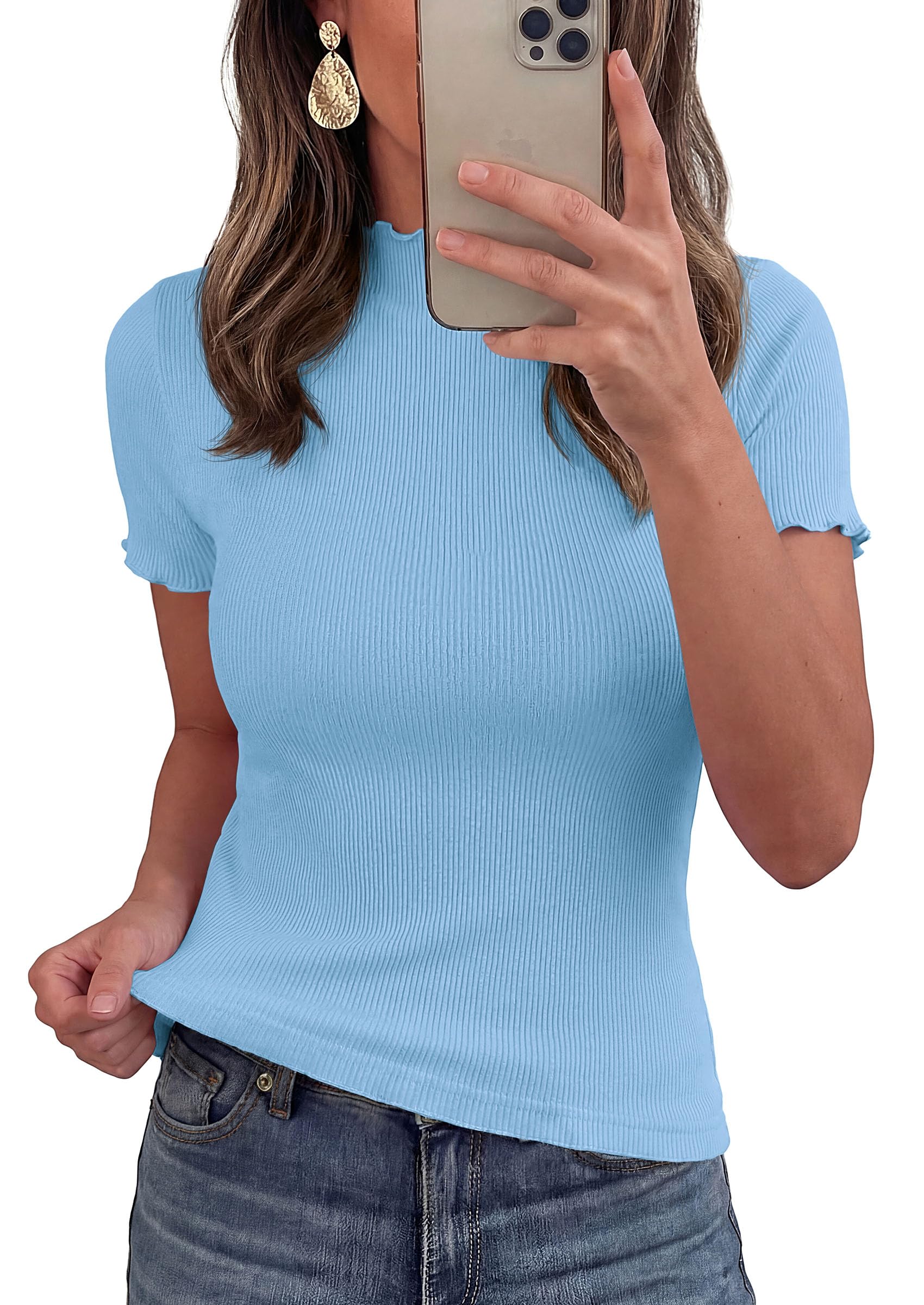 PRETTYGARDEN Short Sleeve T Shirts for Women Summer Clothes  Casual Spring Tops Ruffle Mock Neck Ribbed Fitted Basic Tees