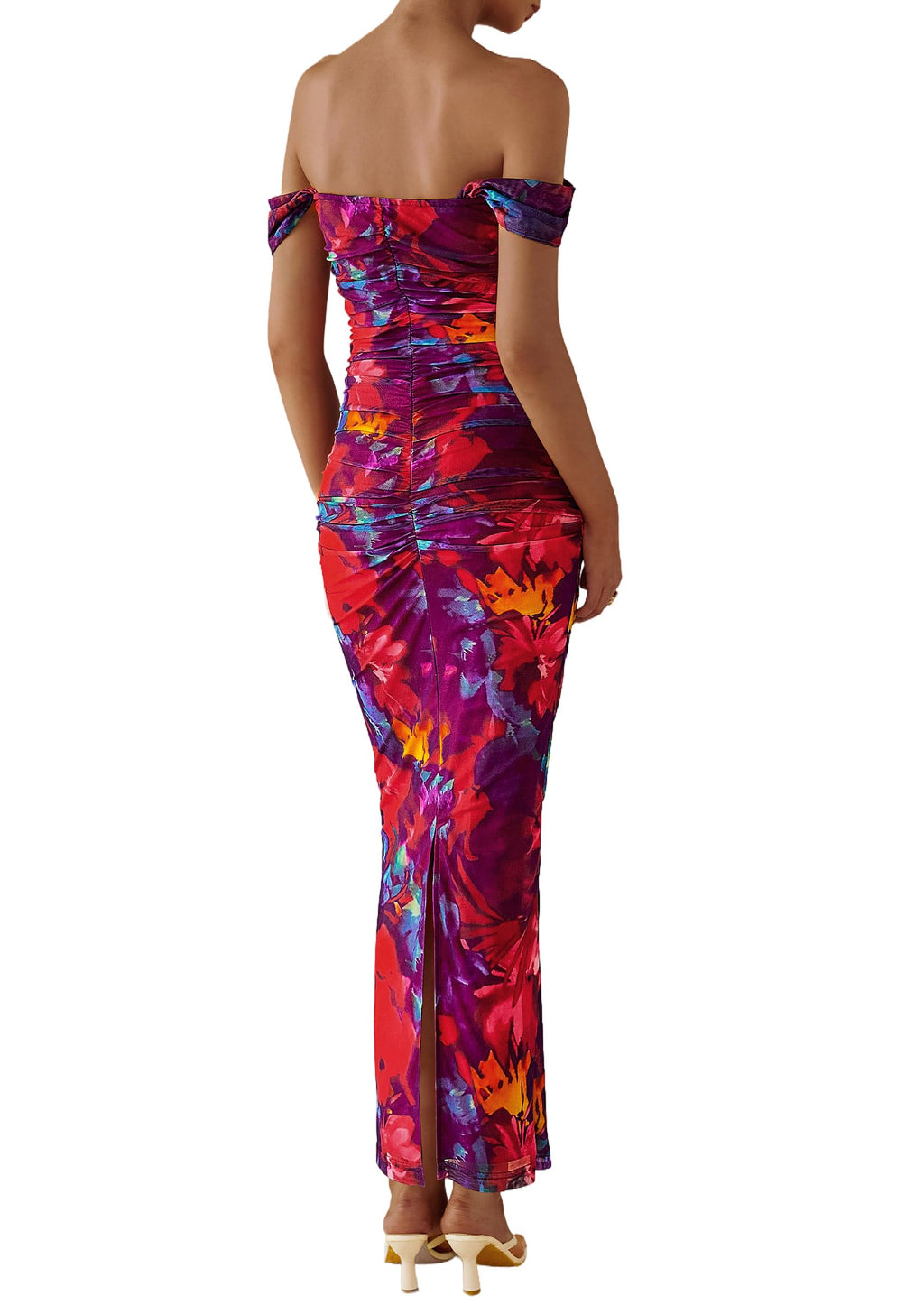 PRETTYGARDEN Cocktail Dresses for Women Summer Floral Off Shoulder Ruched Mesh Elegant Wedding Guest Maxi Dress