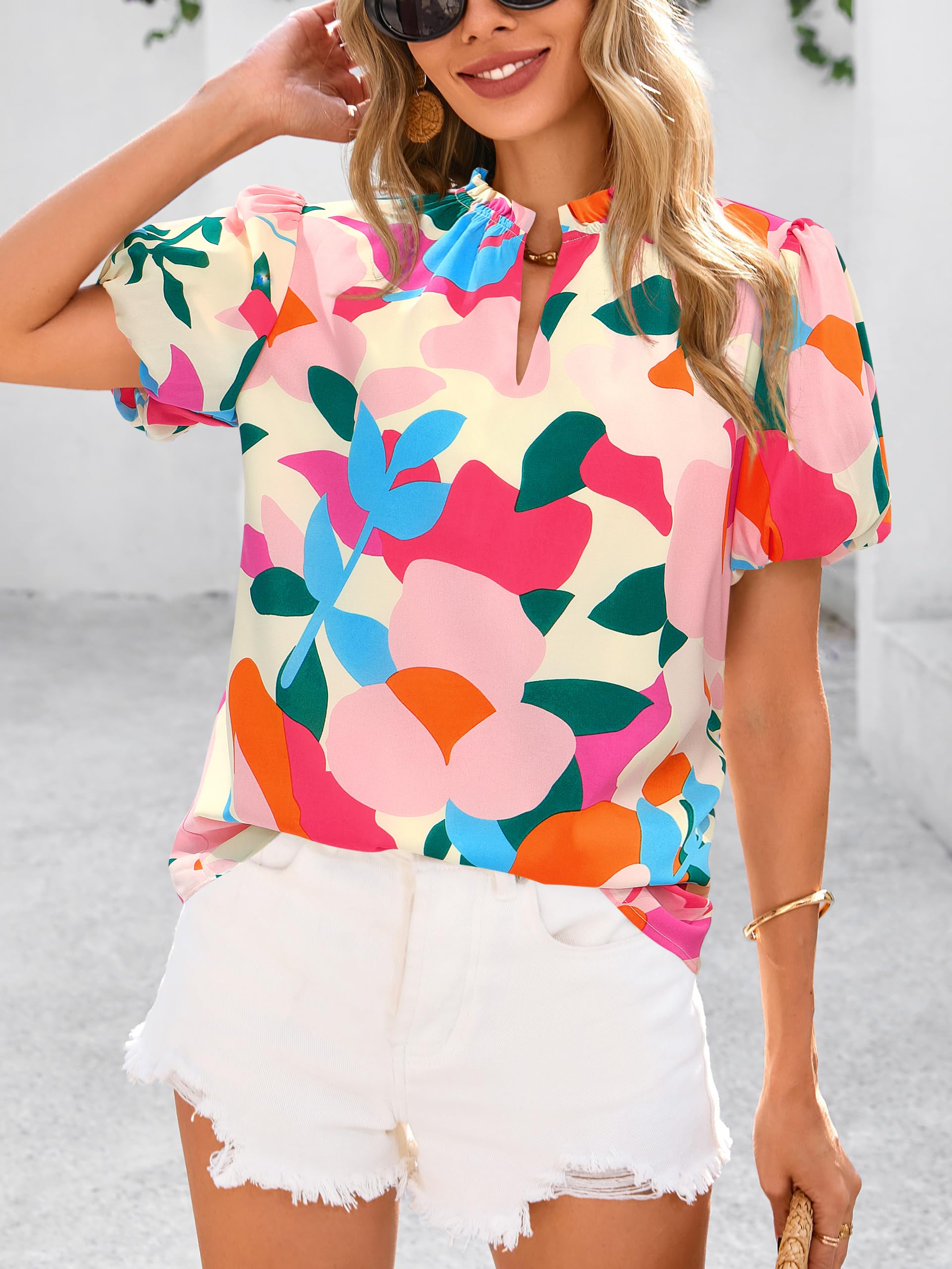 PRETTYGARDEN Boho Short Sleeve Floral Work Blouses for Women Dressy Casual V Neck Puff Sleeve Loose Chiffon Flowy Tops Shirts