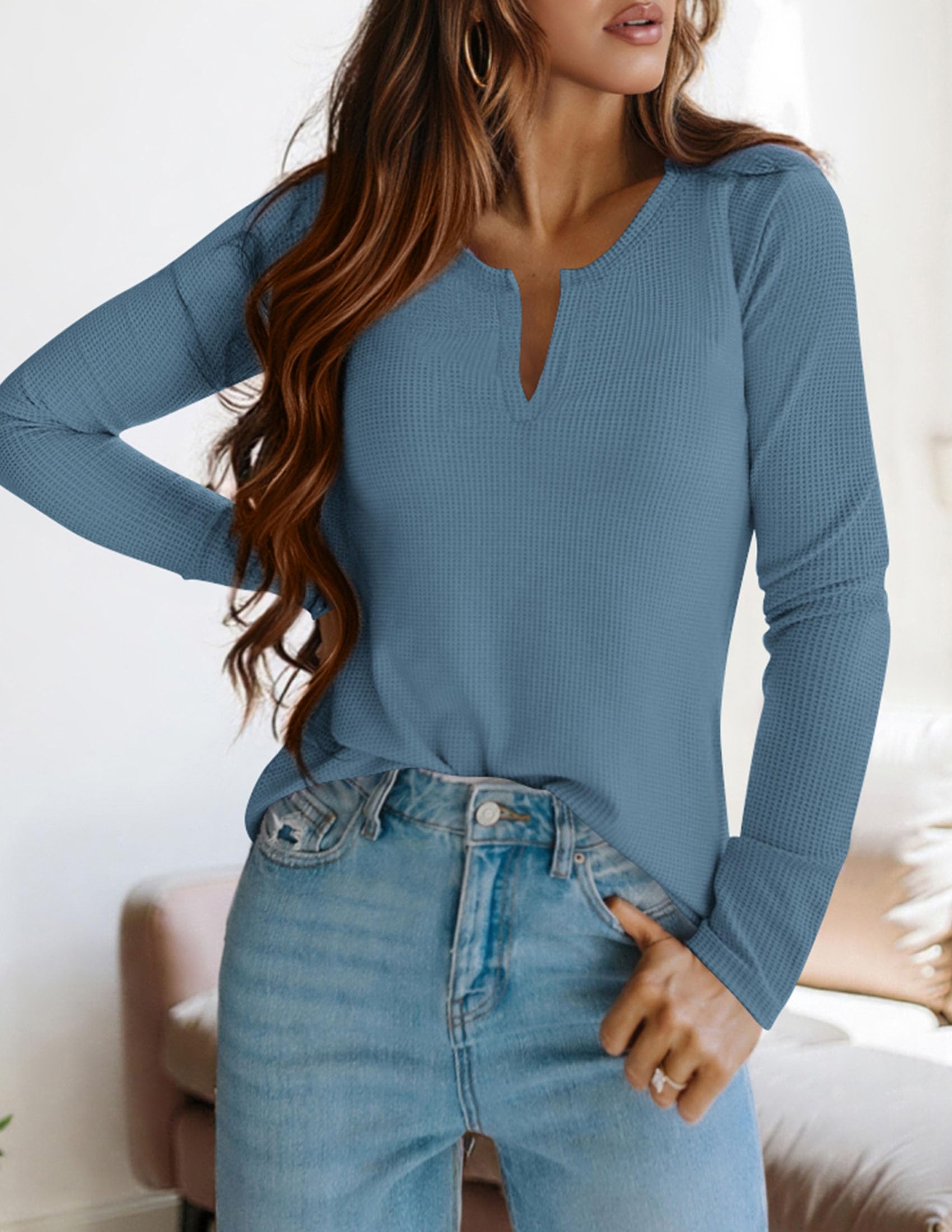 PRETTYGARDEN Long Sleeve Shirts for Women Fall V Neck Waffle Basic Tee Dressy Casual Winter Blouses Knit Tunic Tops