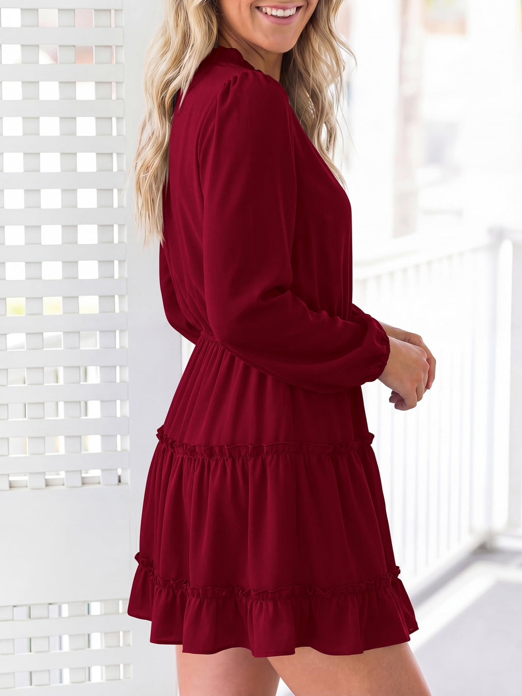 BTFBM Long Sleeve Summer Dresses for Women Casual Tie Neck Ruffle Tiered A Line Mini Spring Wedding Guest Dress