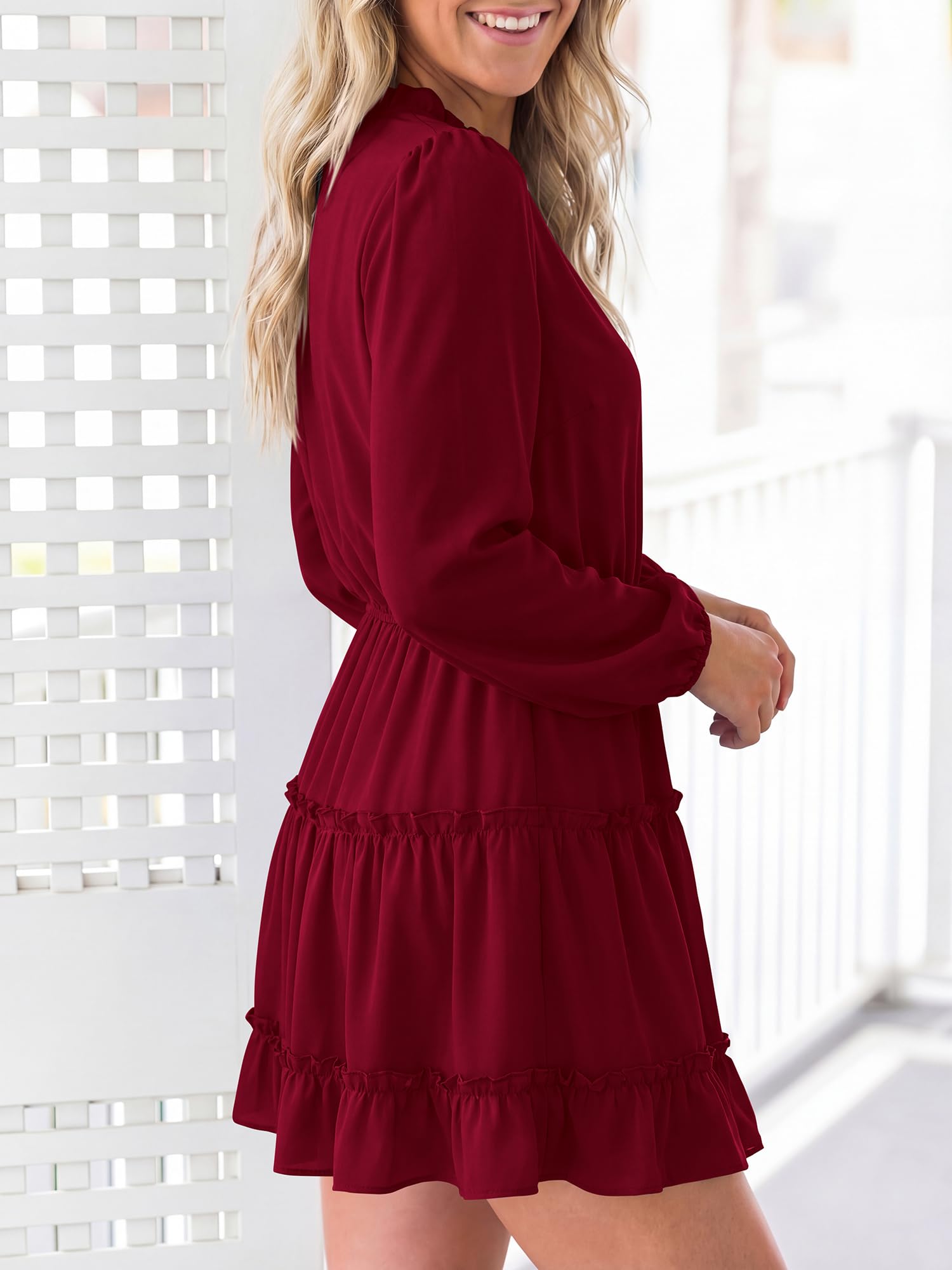 BTFBM Long Sleeve Summer Dresses for Women Casual Tie Neck Ruffle Tiered A Line Mini Spring Wedding Guest Dress
