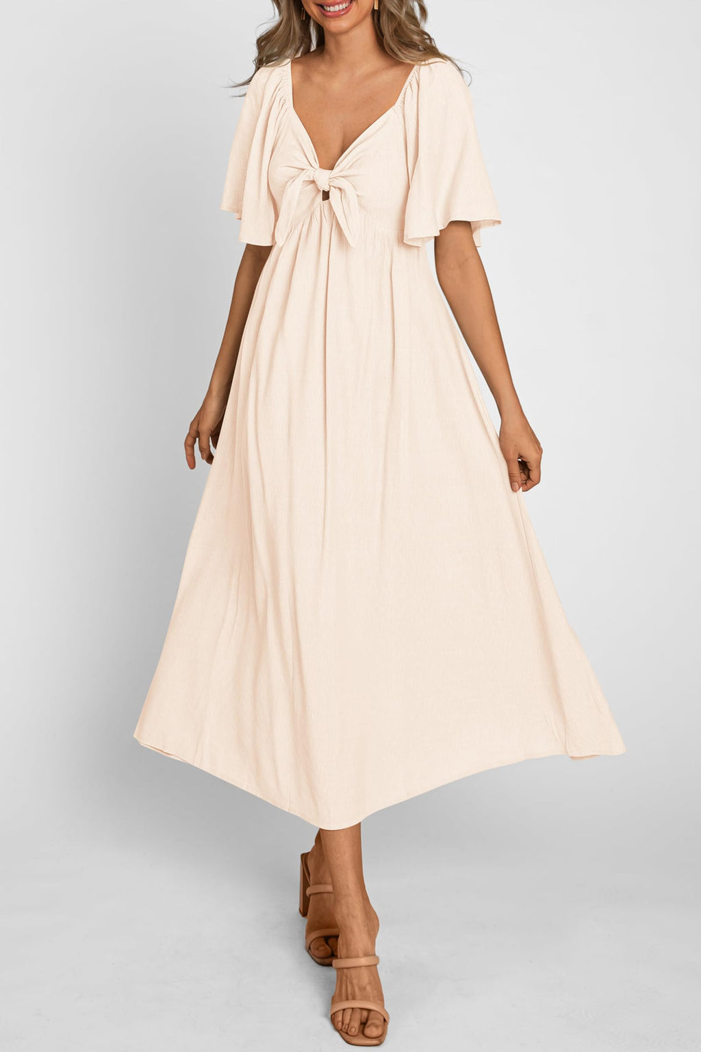 PRETTYGARDEN Summer Dress for Women Casual Short Sleeve Bow Tie V Neck Ruffle Midi Flowy Dresses