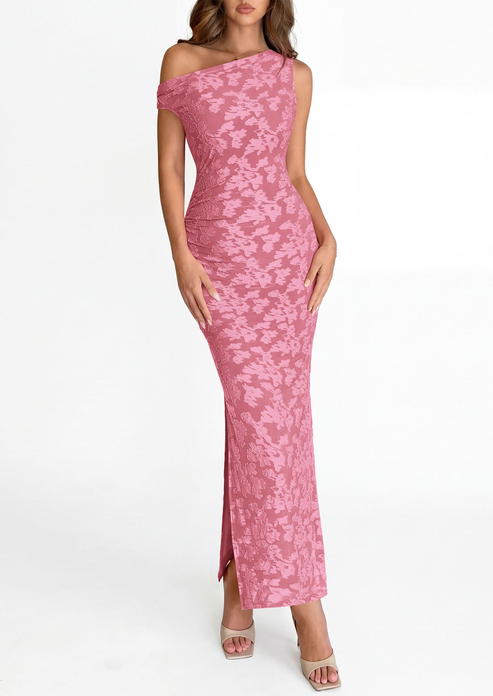 PRETTYGARDEN Womens Floral One Shoulder Maxi Dress Summer Spring Bodycon Ruched Side Slit Elegant Cocktail Party Dresses