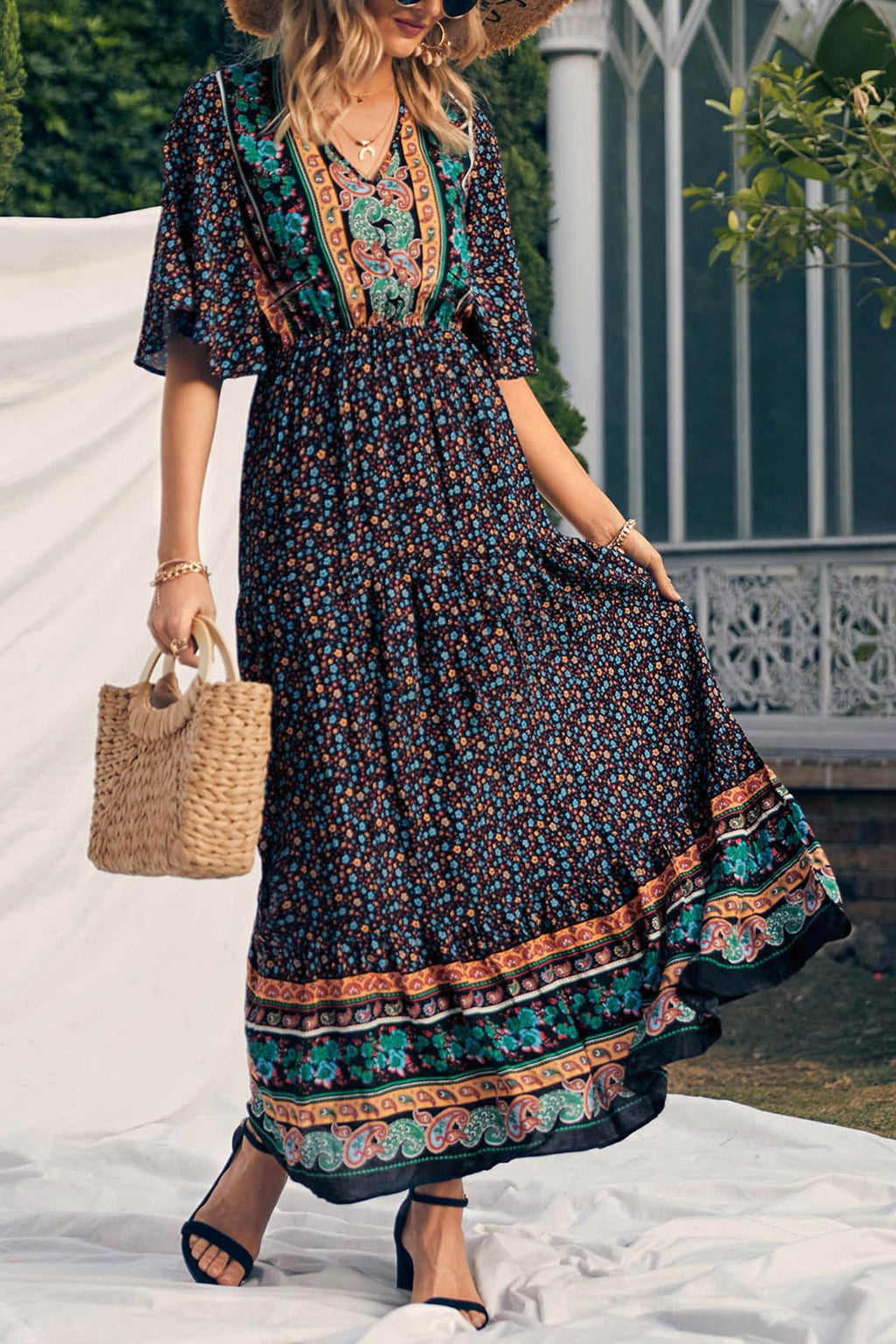 PRETTYGARDEN Women's Casual Summer Boho Floral Print Dress V Neck Short Sleeve High Waist Long Maxi Beach Dresses