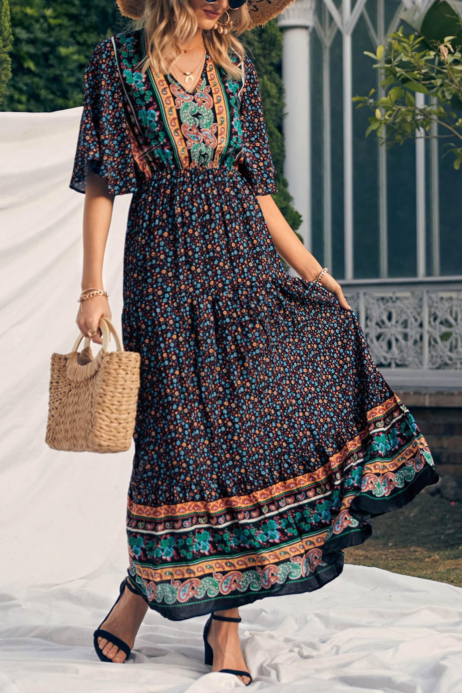 PRETTYGARDEN Women's Casual Summer Boho Floral Print Dress V Neck Short Sleeve High Waist Long Maxi Beach Dresses