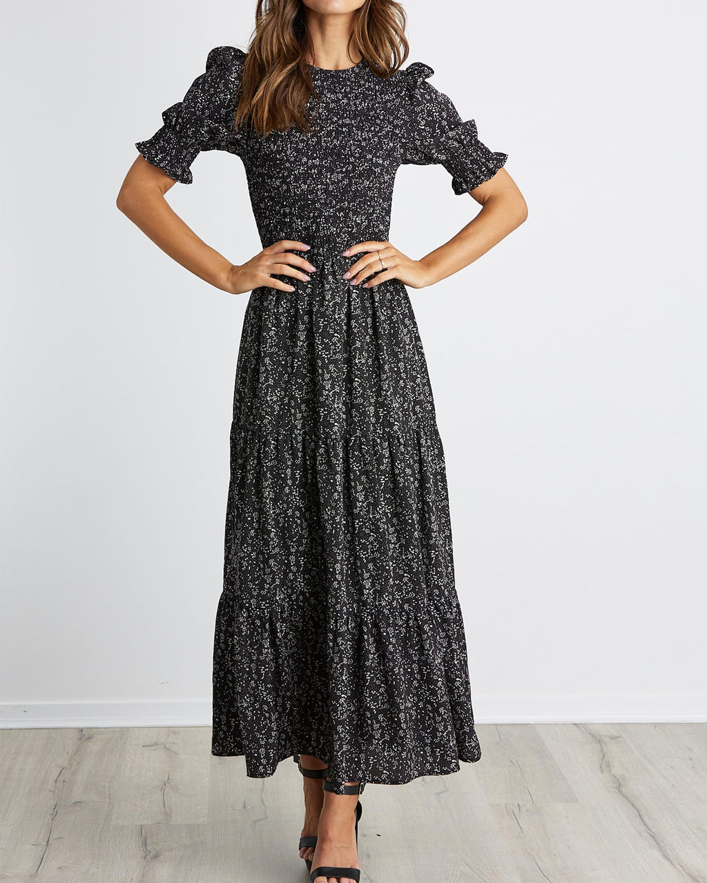 FreshPretty Women Casual Summer Dresses Spring Crew Neck Ruffle Short Sleeve Floral Print Smocked Boho Flowy Maxi Dress