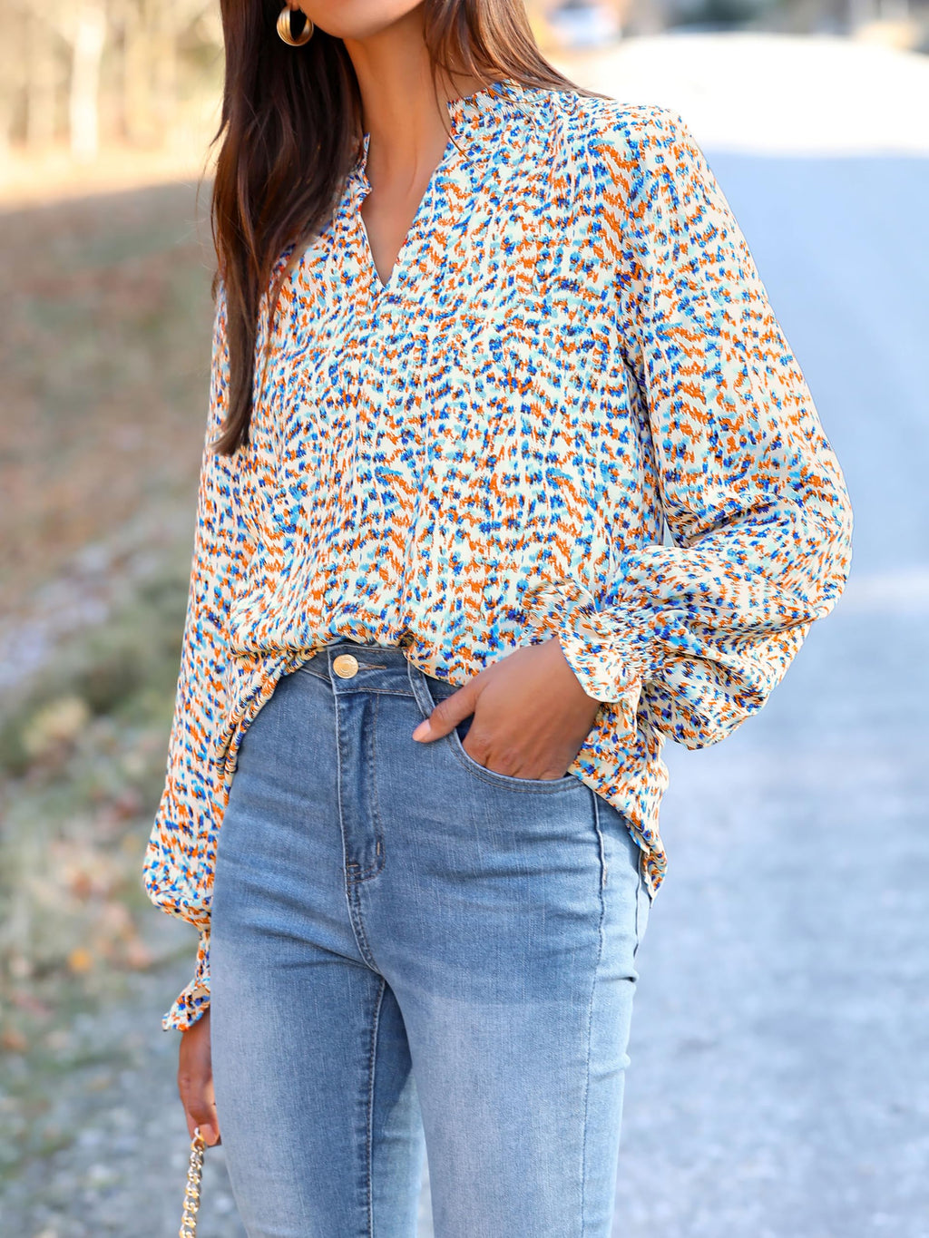 FreshPretty Womens V Neck Floral Long Sleeve Tops Summer Casual Loose Puff Sleeve Chiffon Boho Work Blouse Dressy T Shirts