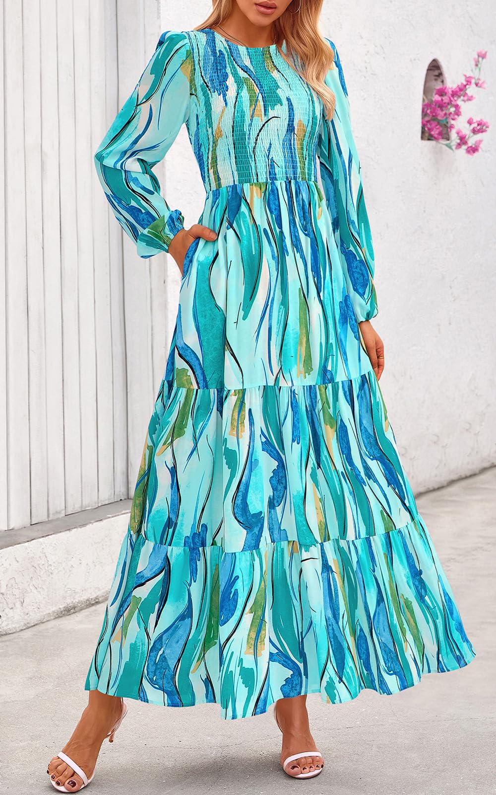 PRETTYGARDEN Women's Fall Dresses Long Sleeve Flowy Casual Floral Maxi Dress Crew Neck Smocked Tiered Long Dress