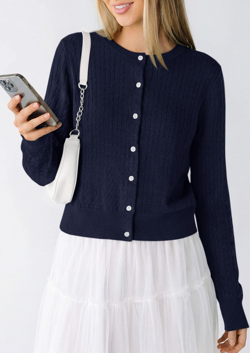 PRETTYGARDEN Women Lightweight Button Up Cardigan Sweaters | Soft Stretchy, Cozy Cable Knit, Long Sleeve Crew Neck, Trendy Cardigans, Cute Casual Outfits, Early Fall Fashion Clothing