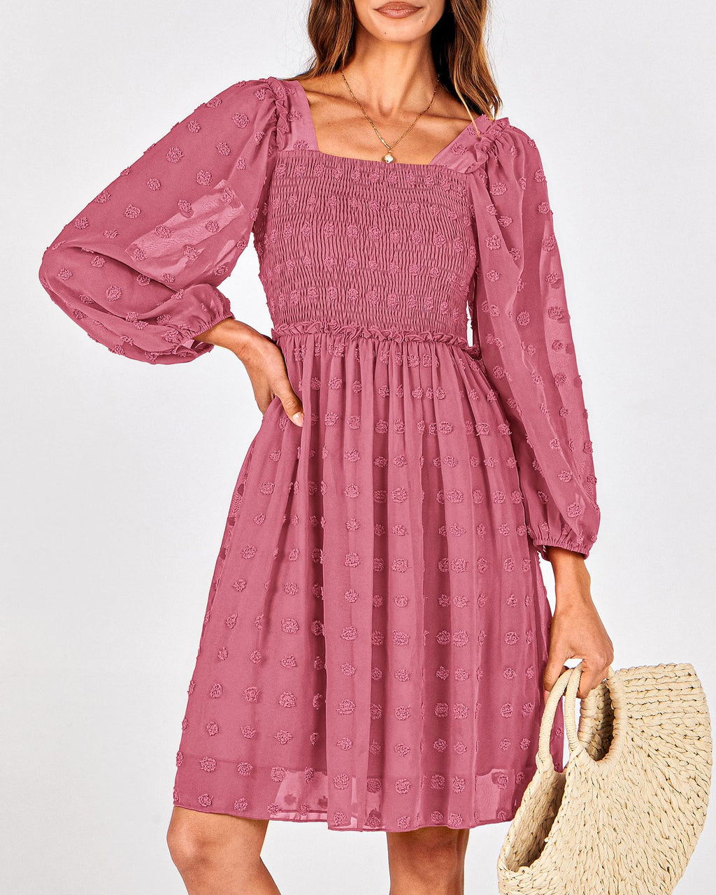 BTFBM Womens Long Sleeve Dress Summer Vacation Square Neck Smocked Floral Mini Boho Spring Wedding Guest Dresses