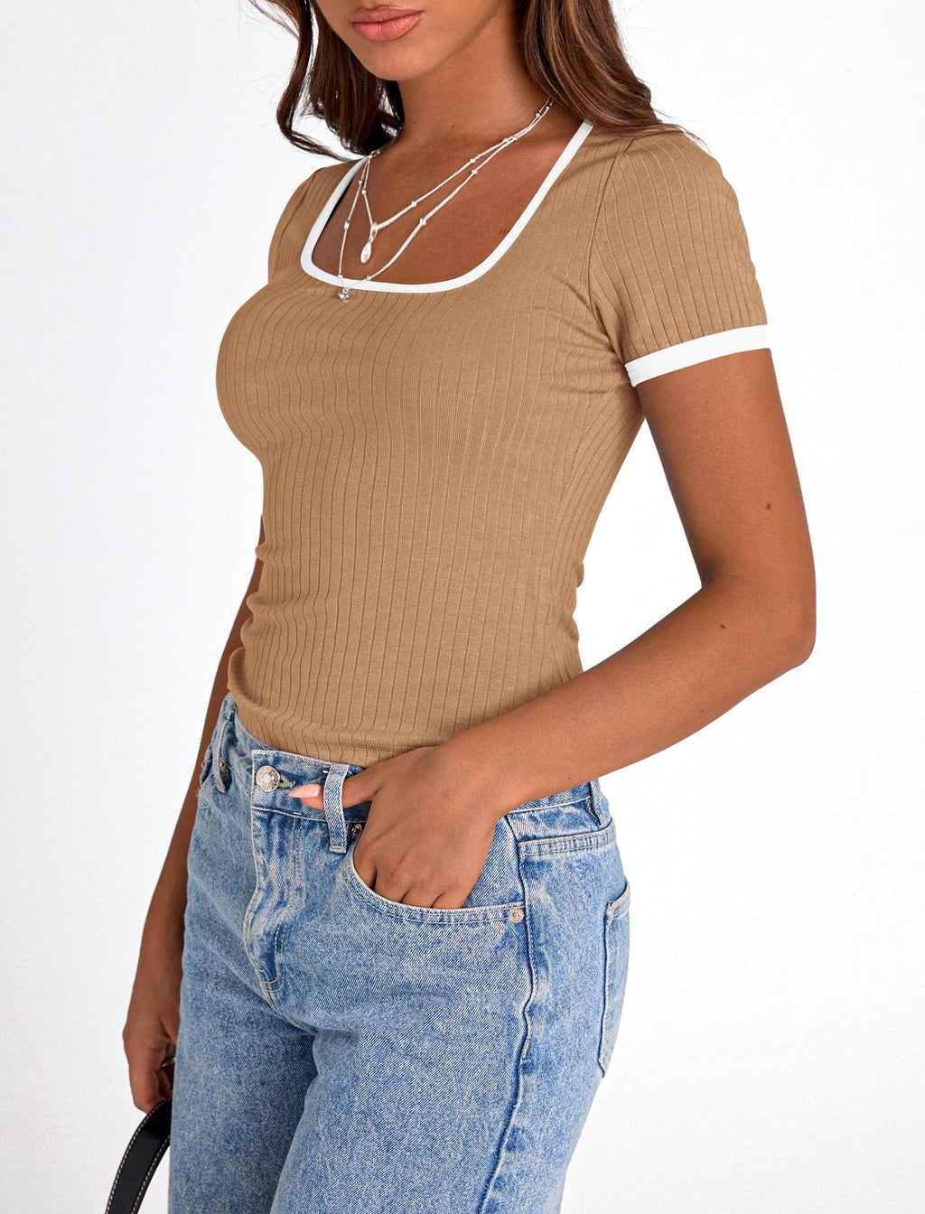 PRETTYGARDEN Women's Summer Short Sleeve T Shirts Ribbed Knit Square Neck Color Block Slim Fit Basic Casual Crop Tops Blouses