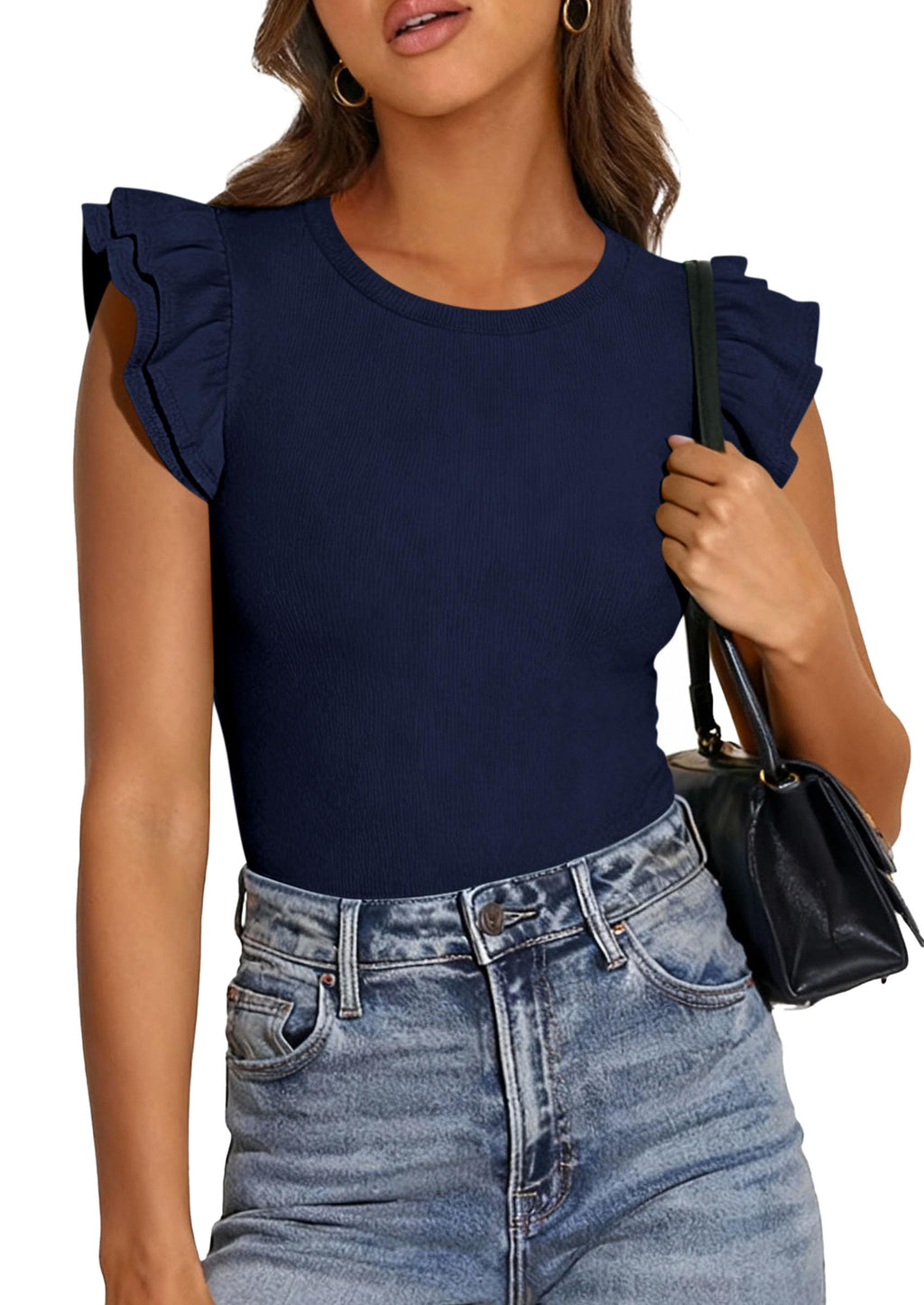 PRETTYGARDEN Womens Summer Crew Neck T Shirts Trendy Ruffle Sleeve Slim Fit Knit Going Out Tops Casual Spring Clothes