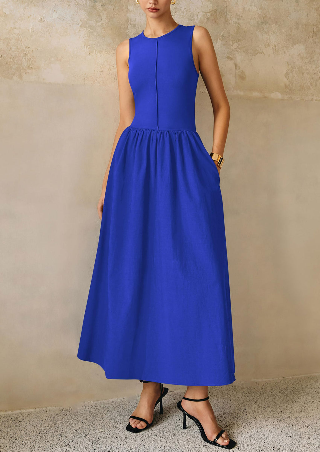 PRETTYGARDEN Maxi Dresses for Women Summer Casual Sleeveless Patchwork Flowy Vacation Sundress Knit Long Work Tank Dress