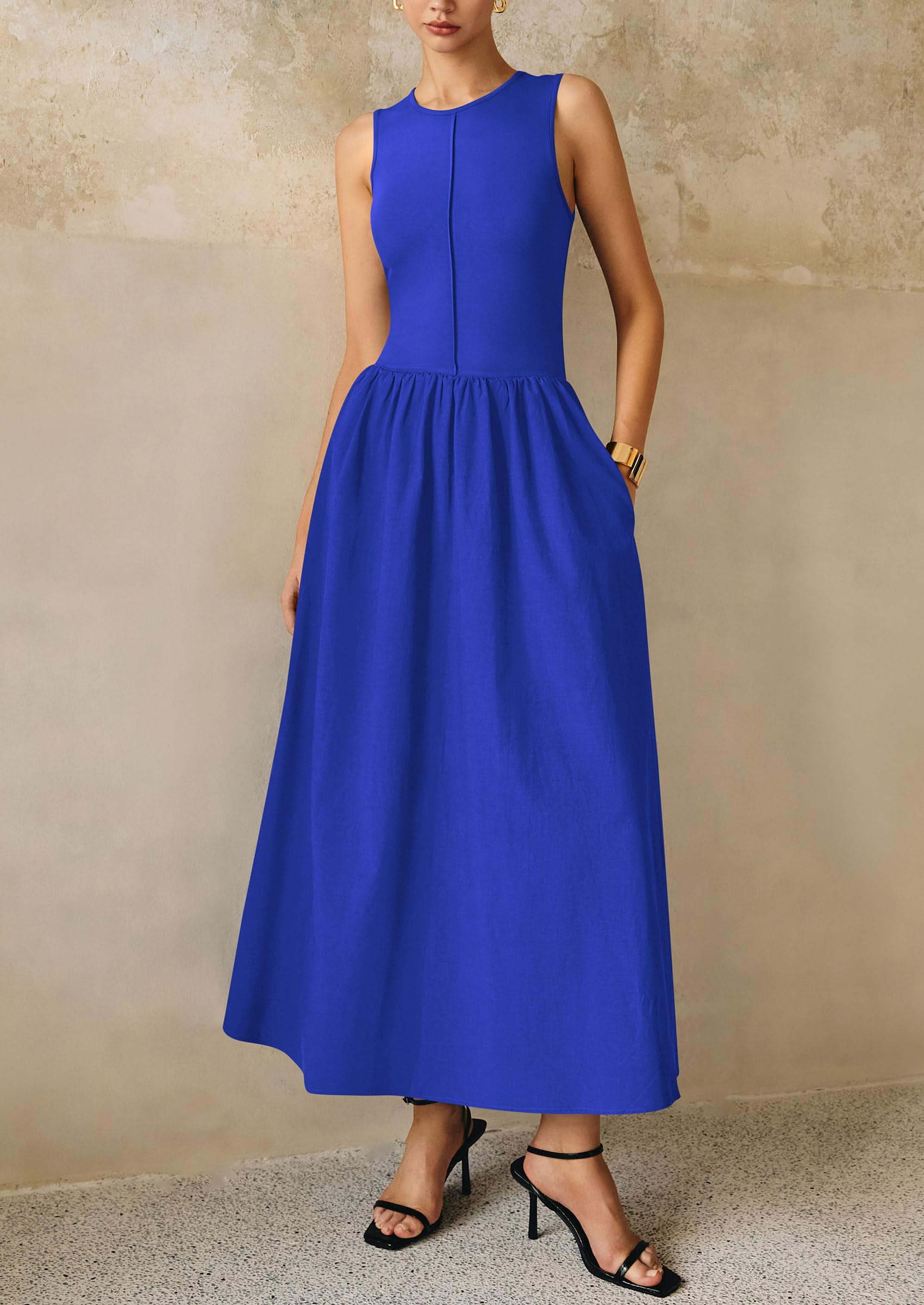 PRETTYGARDEN Maxi Dresses for Women Summer Casual Sleeveless Patchwork Flowy Vacation Sundress Knit Long Work Tank Dress