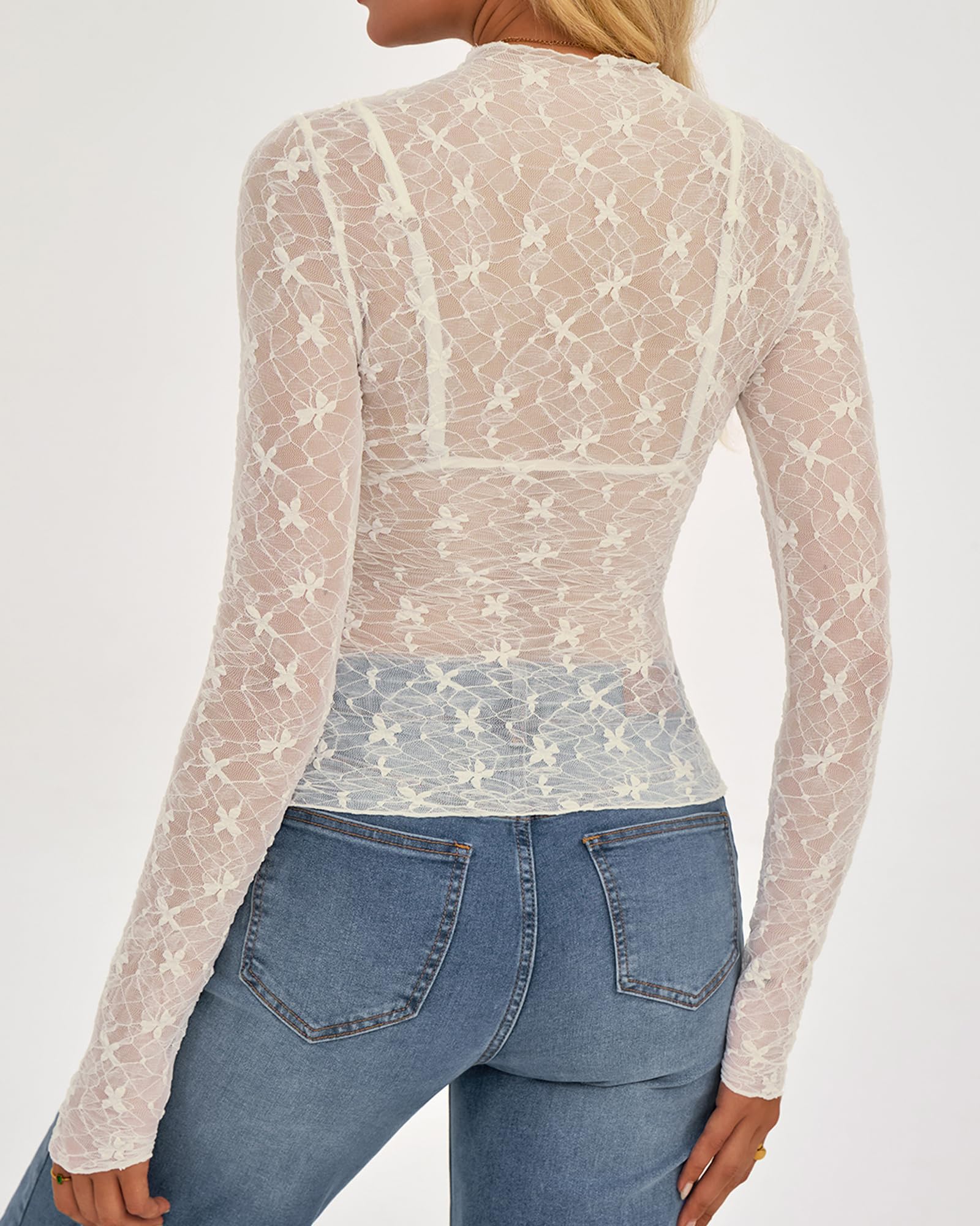 FreshPretty  Mesh Lace Tops Long Sleeve Shirts for Women Spring Fall See Through Crew Neck Slim Fitted Party Club Outfits