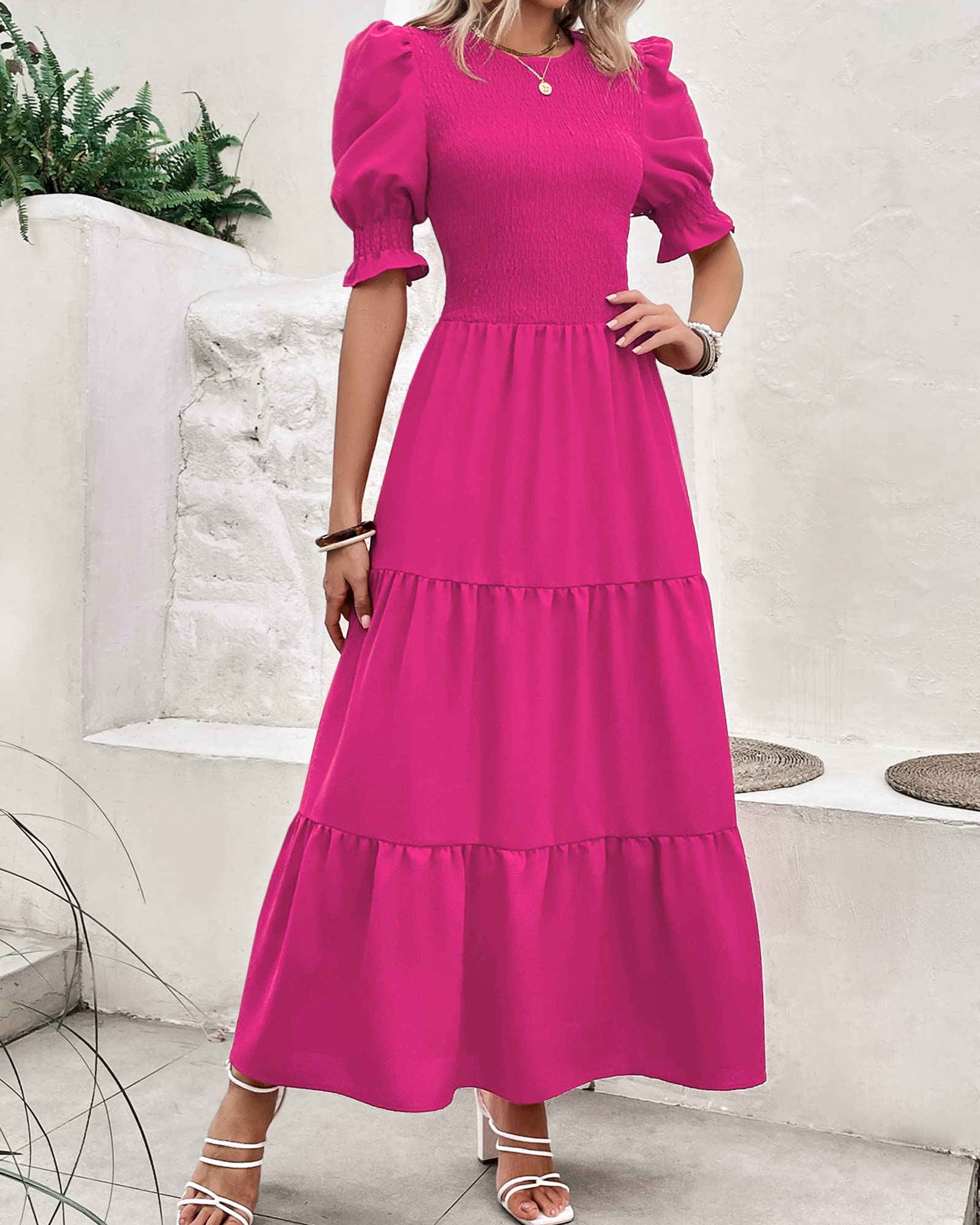 FreshPretty Women Casual Summer Dresses Spring Crew Neck Ruffle Short Sleeve Floral Print Smocked Boho Flowy Maxi Dress