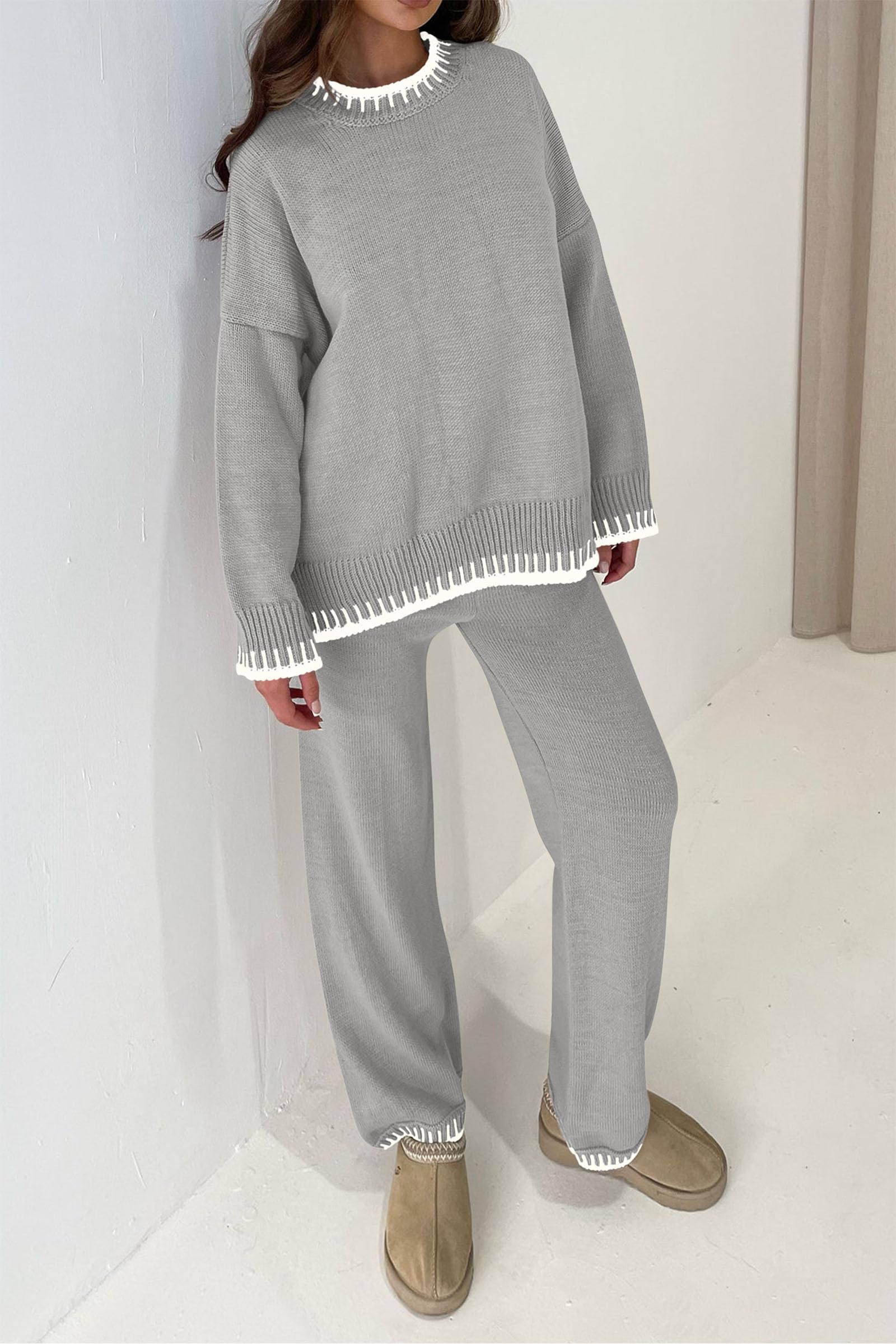 PRETTYGARDEN Women's 2 Piece Knit Sweater Outfit Casual Long Sleeve Pullover Wide Leg Pants Tracksuit Loungewear Set