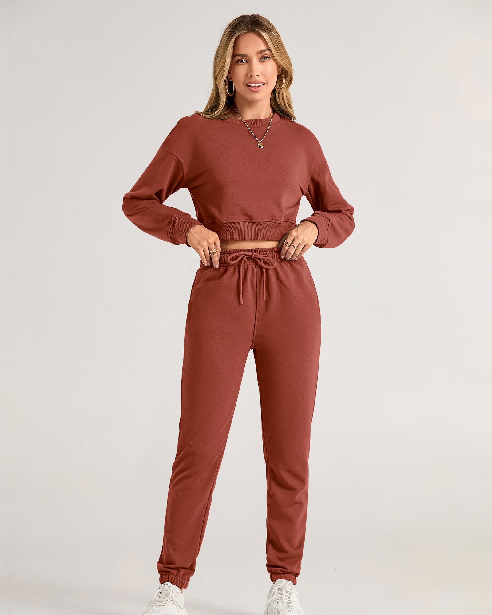 FreshPretty Women 2 Piece Outfits Long Sleeve Crop Top Pullover Drawstring Pant Jogger Set Casual Sweatsuits Tracksuit Pockets